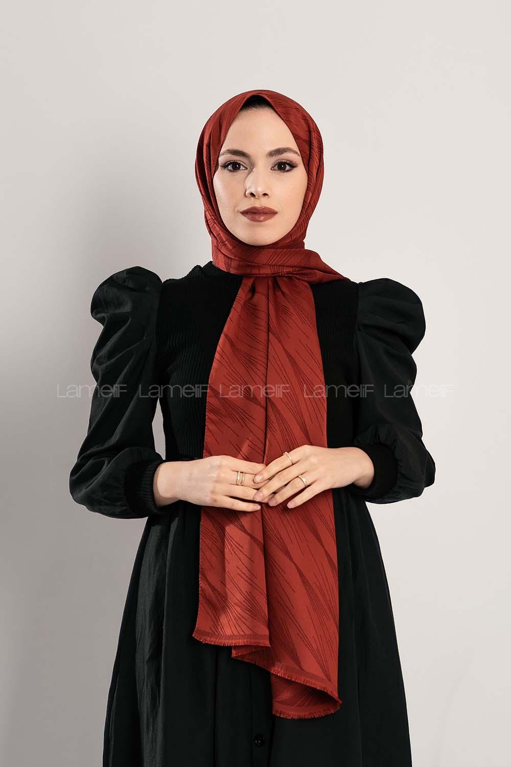 Modalamelif Çizgisel desenli  İpeksi Jakarlı Şal Kiremit