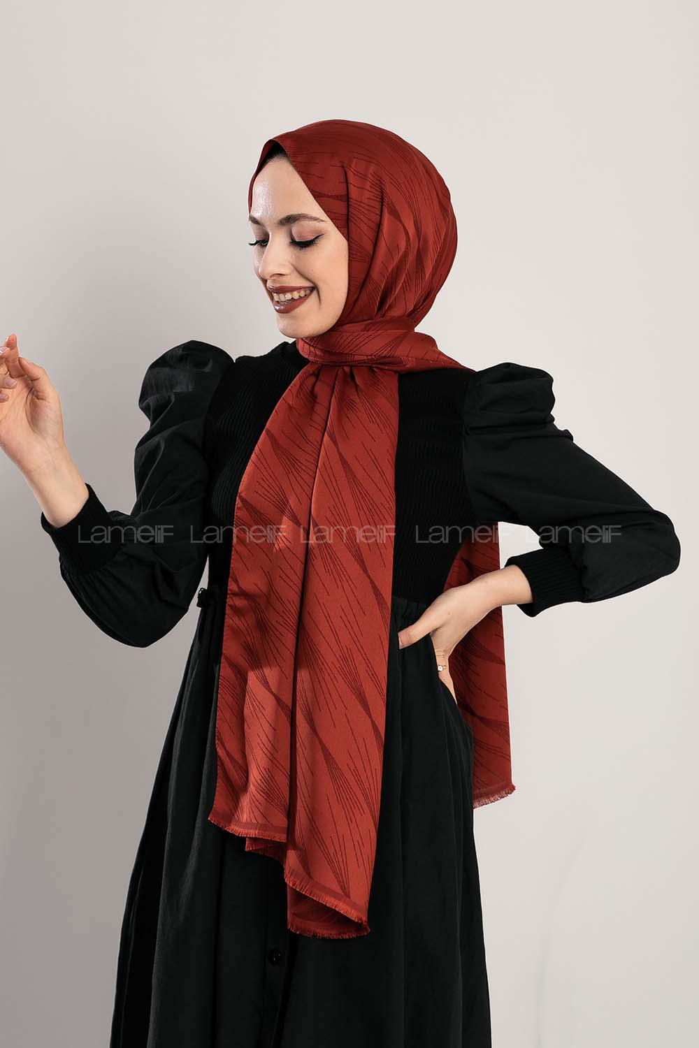 Modalamelif Çizgisel desenli  İpeksi Jakarlı Şal Kiremit