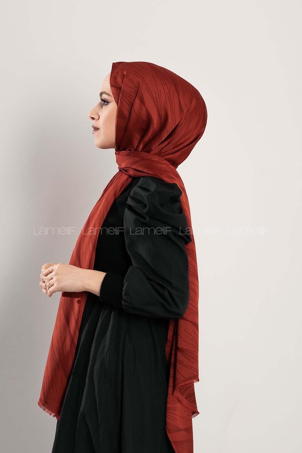 Modalamelif Çizgisel desenli  İpeksi Jakarlı Şal Kiremit