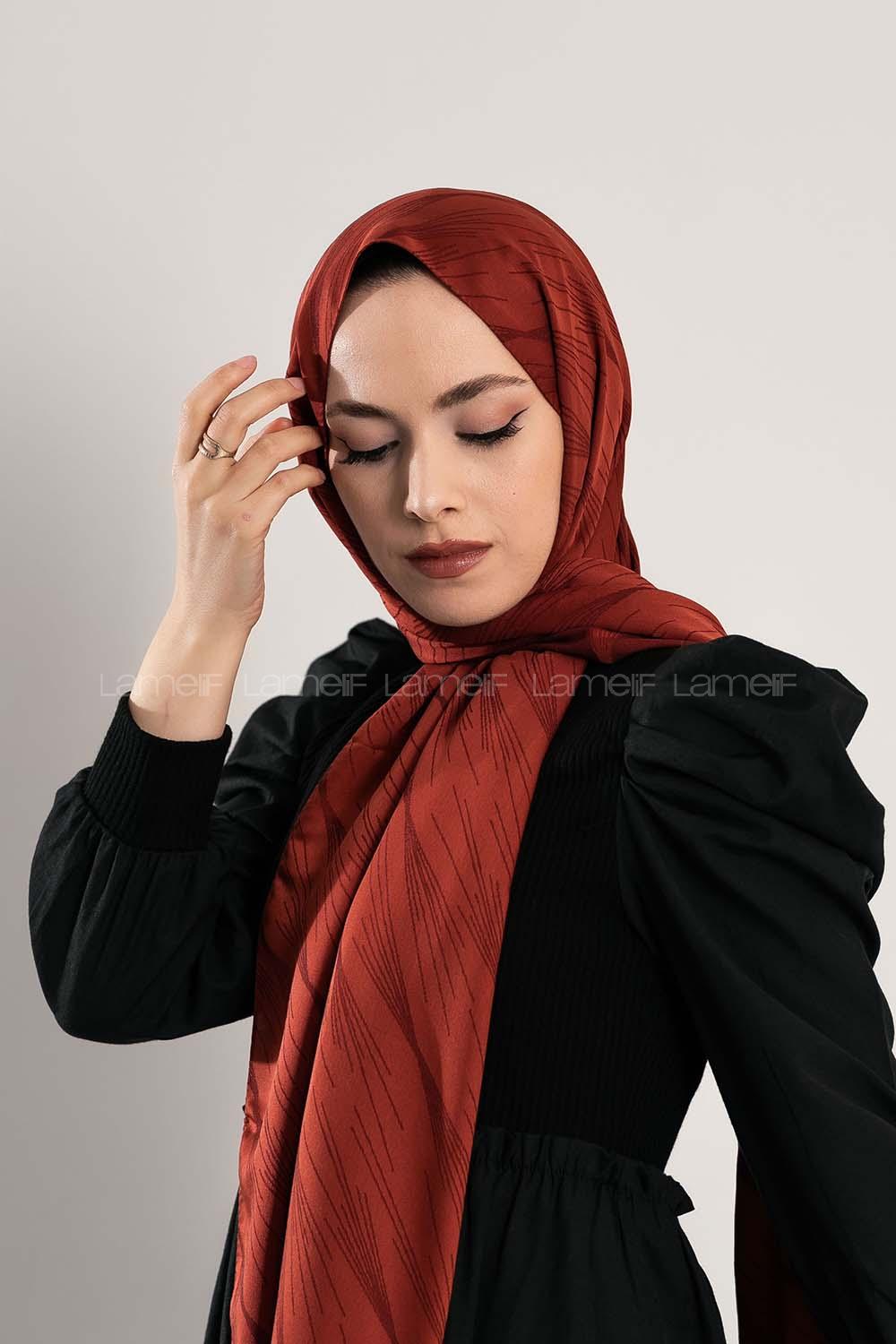 Modalamelif Çizgisel desenli  İpeksi Jakarlı Şal Kiremit