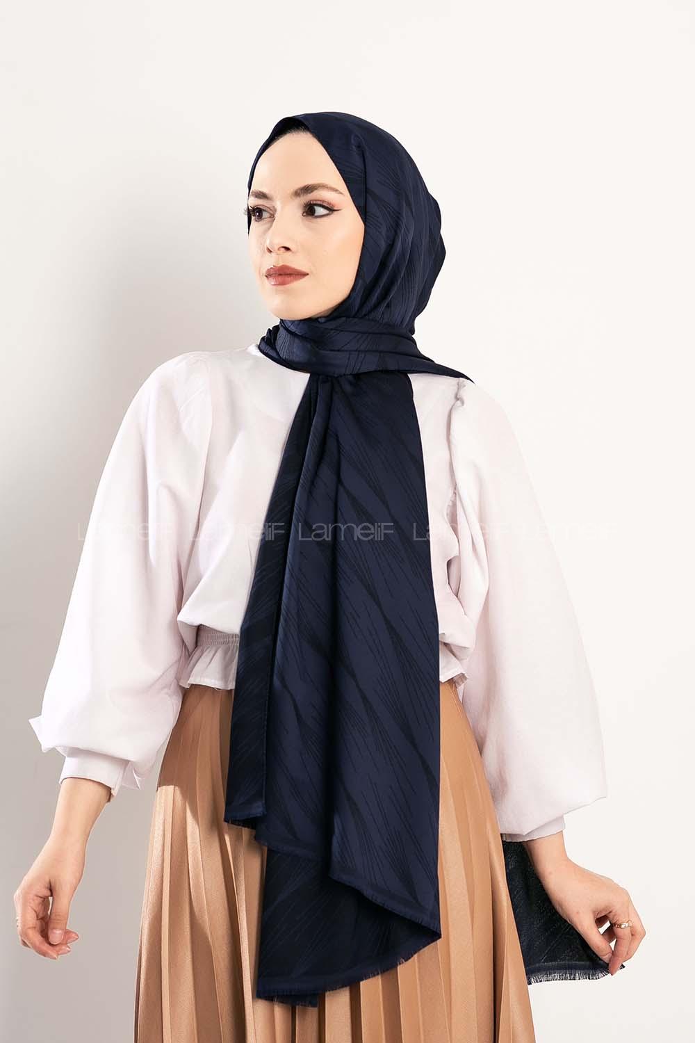 el desenli  İpeksi Jakarlı Şal Lacivert