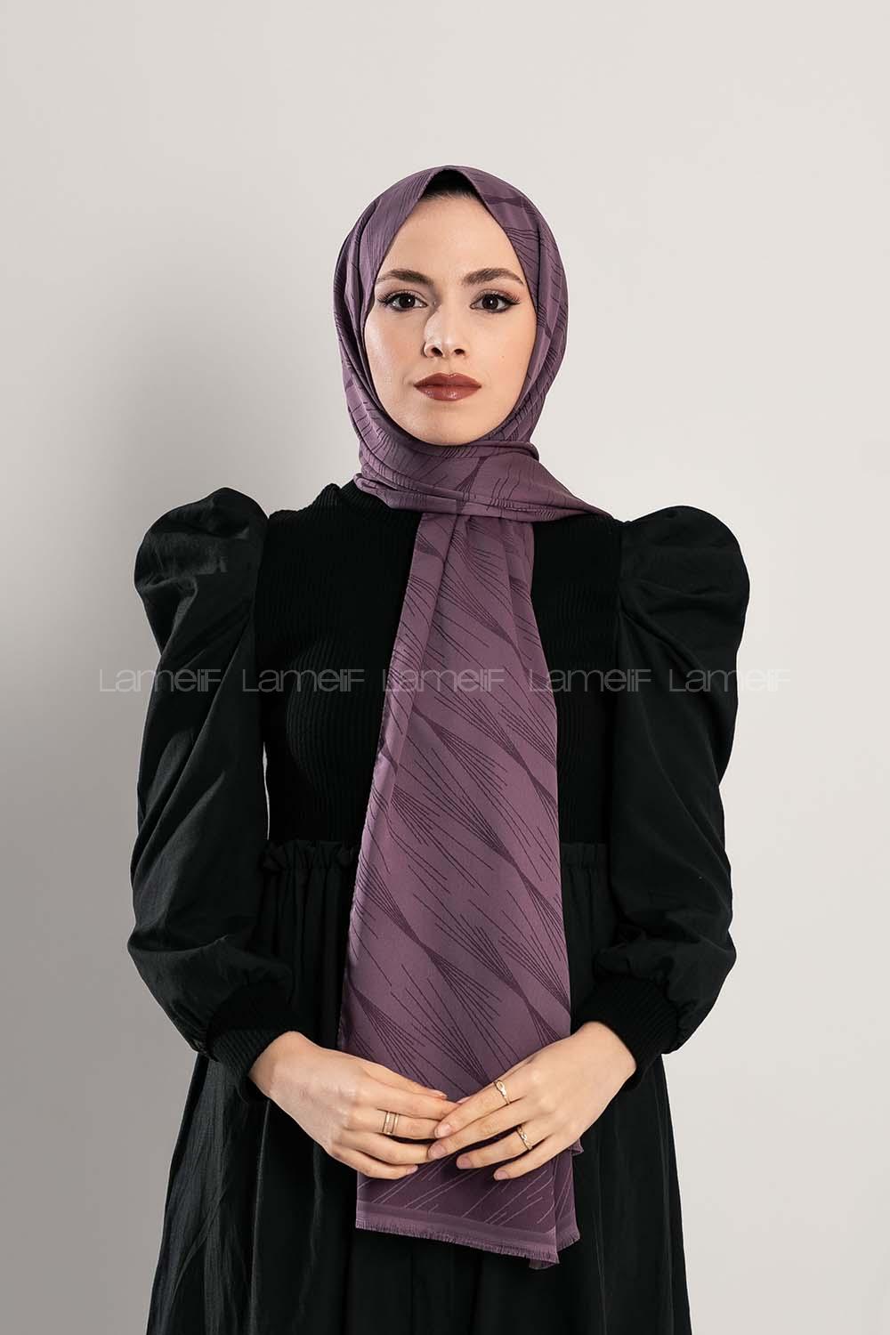 Modalamelif Çizgisel desenli  İpeksi Jakarlı Şal Lila