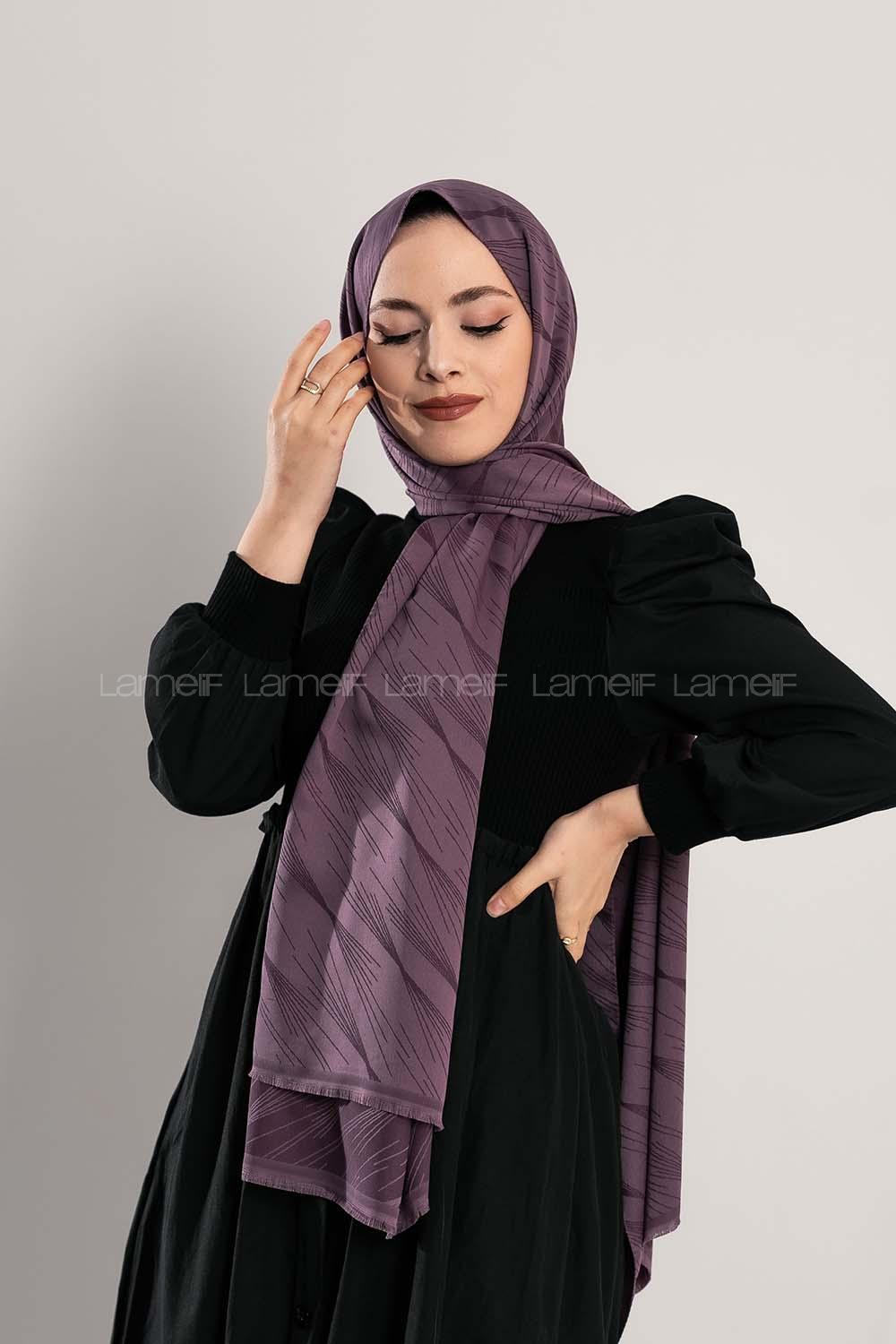 Modalamelif Çizgisel desenli  İpeksi Jakarlı Şal Lila