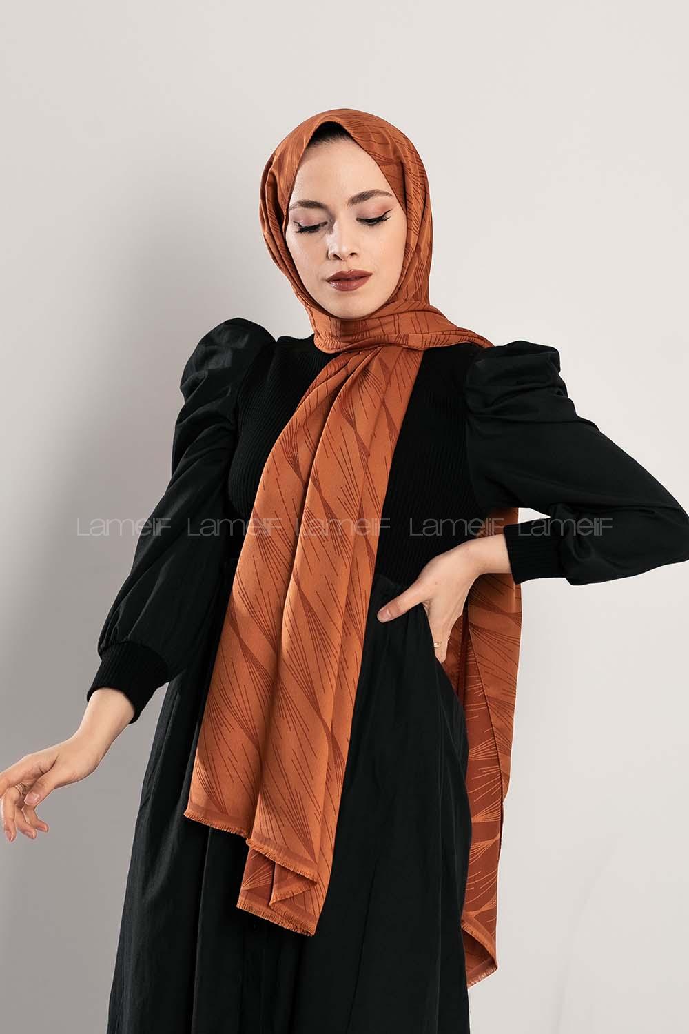 Modalamelif Çizgisel desenli  İpeksi Jakarlı Şal Tarçın