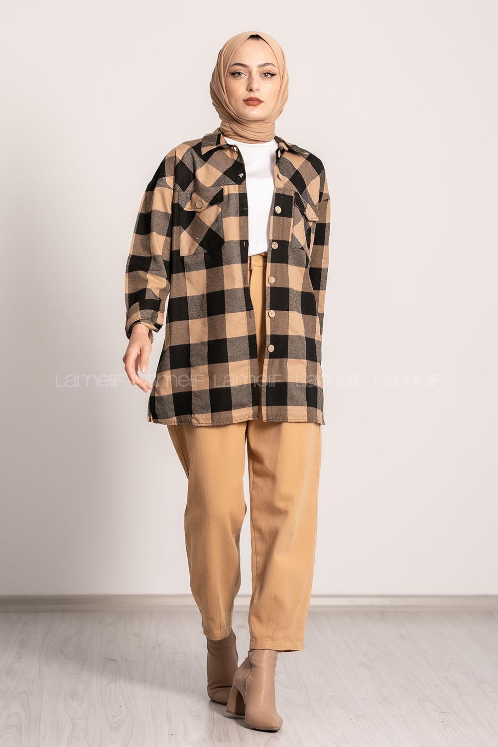 Modalamelif Ekose Desenli Çift Cepli Oduncu Gömlek Camel