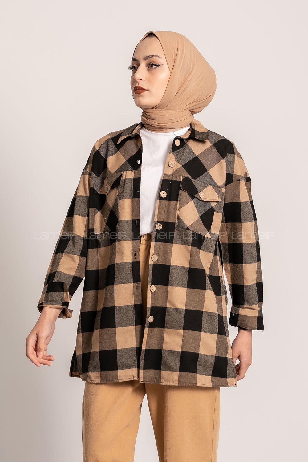 Modalamelif Ekose Desenli Çift Cepli Oduncu Gömlek Camel