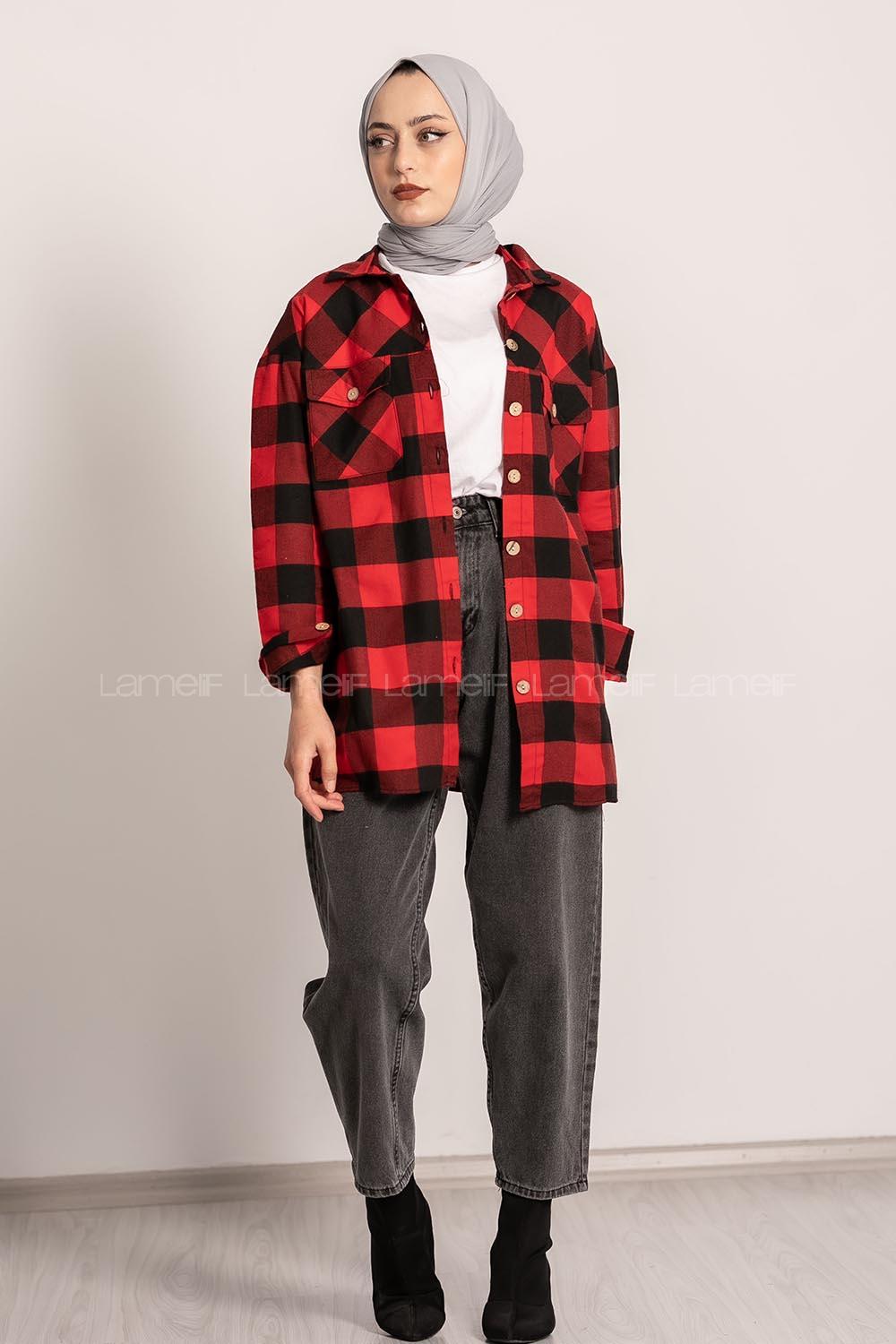 Modalamelif Ekose Desenli Çift Cepli Oduncu Gömlek Kırmızı-Siyah