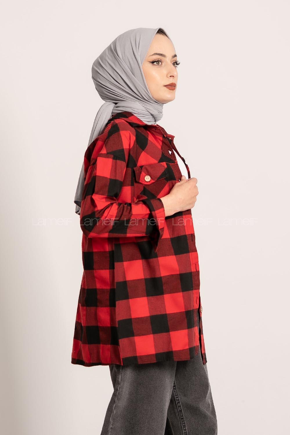 Modalamelif Ekose Desenli Çift Cepli Oduncu Gömlek Kırmızı-Siyah