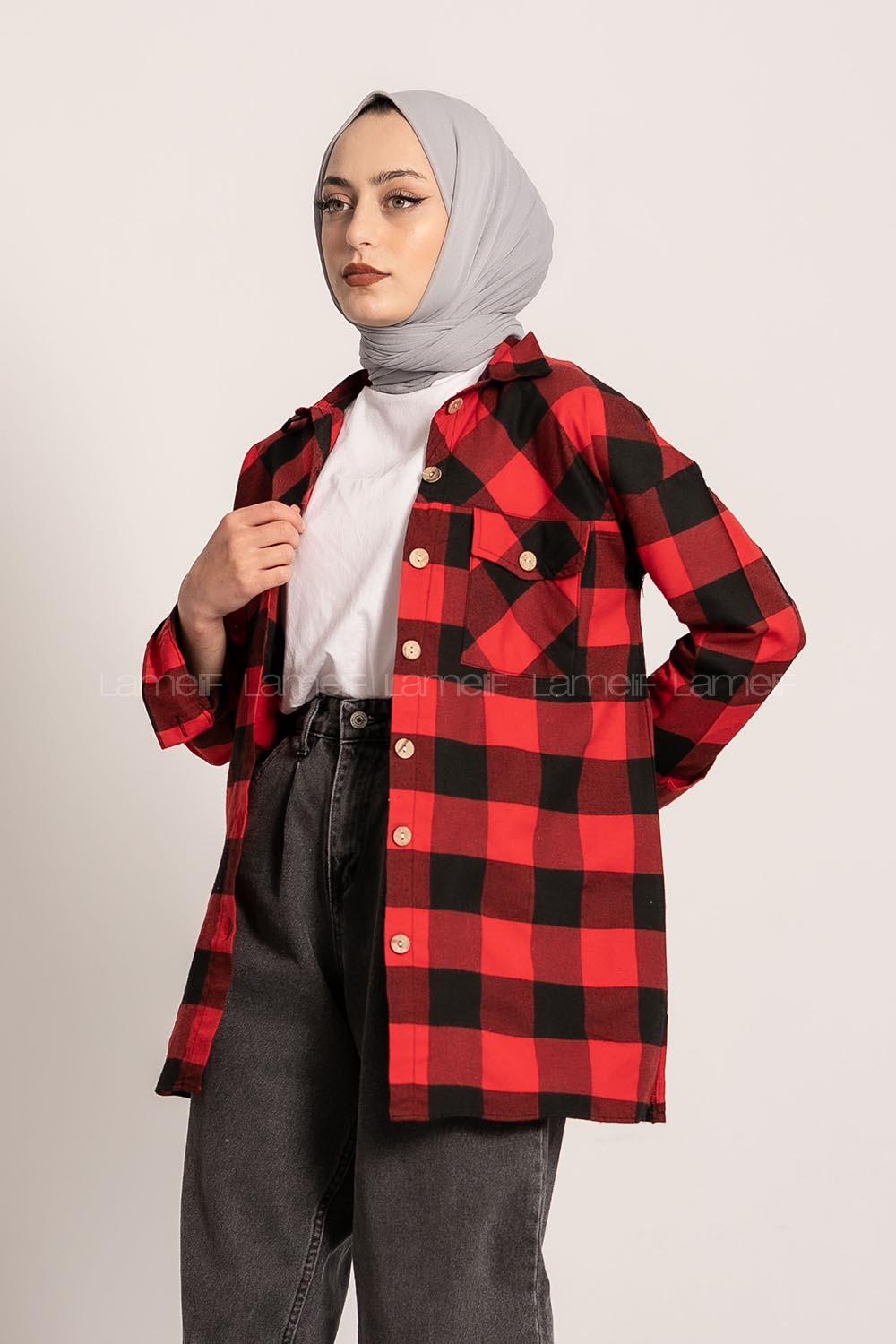 Modalamelif Ekose Desenli Çift Cepli Oduncu Gömlek Kırmızı-Siyah