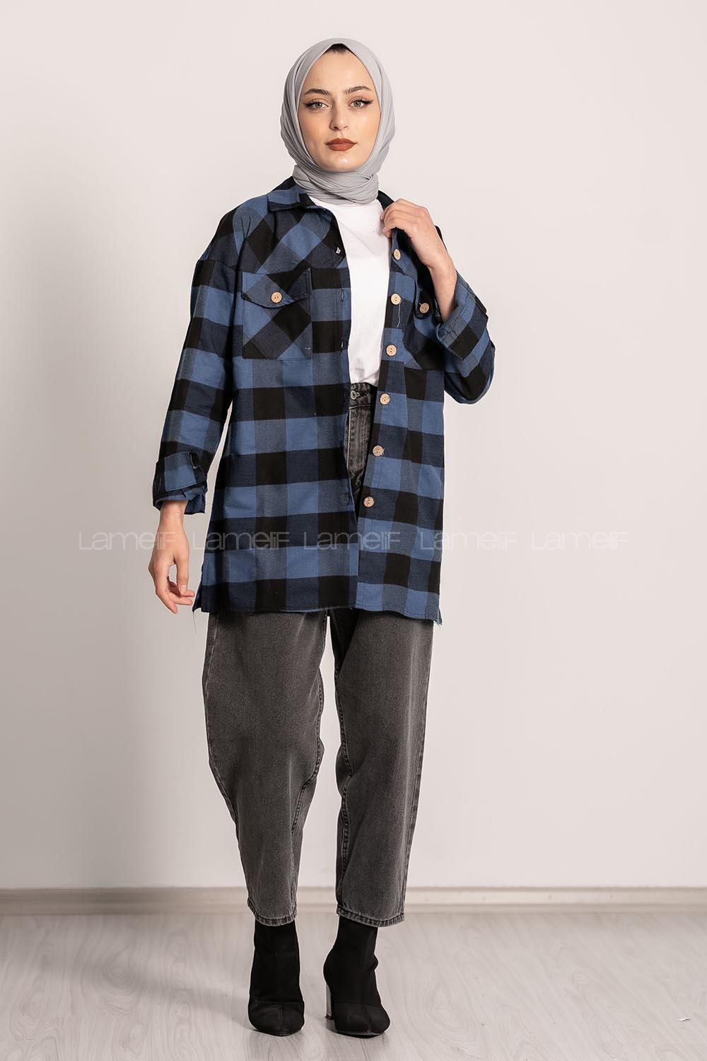 Modalamelif Ekose Desenli Çift Cepli Oduncu Gömlek Lacivert