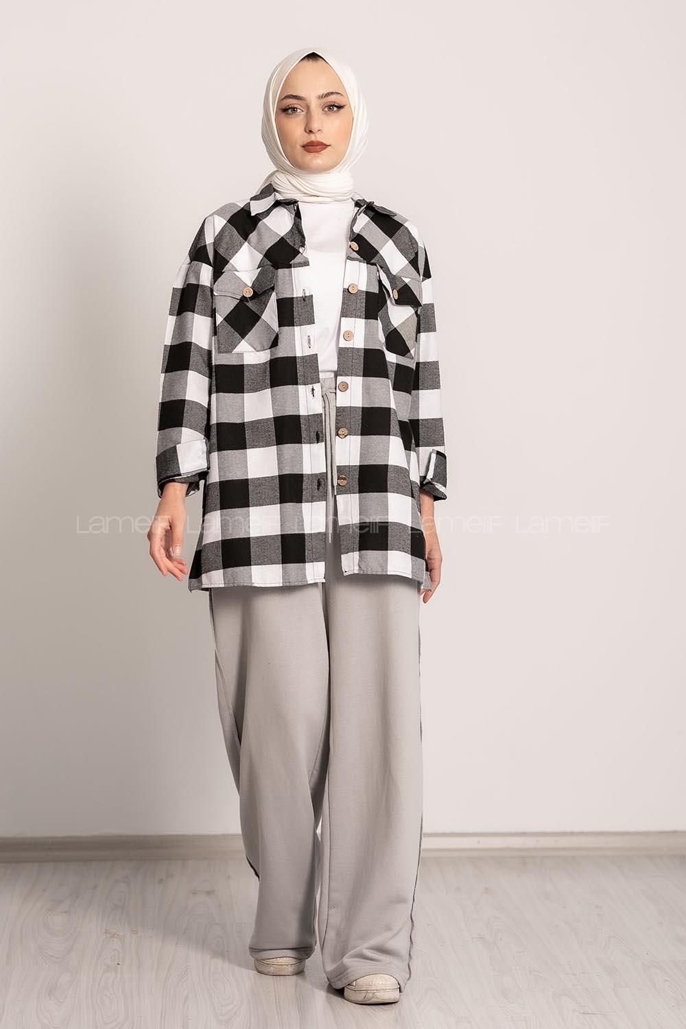 Modalamelif Ekose Desenli Çift Cepli Oduncu Gömlek Siyah-Ekru