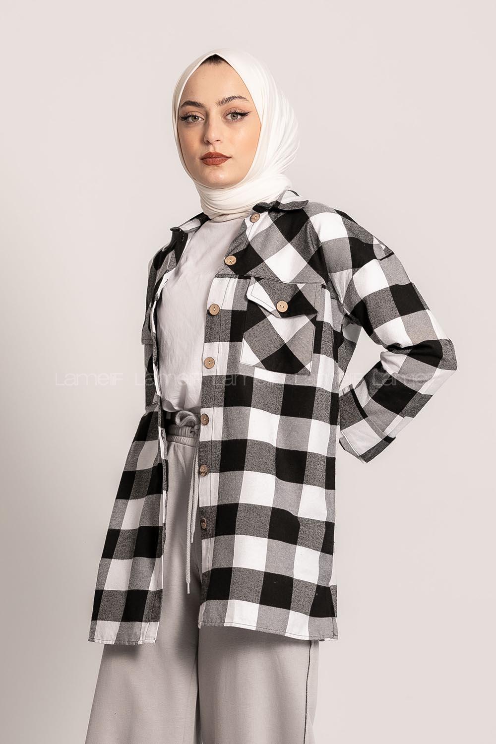 Modalamelif Ekose Desenli Çift Cepli Oduncu Gömlek Siyah-Ekru