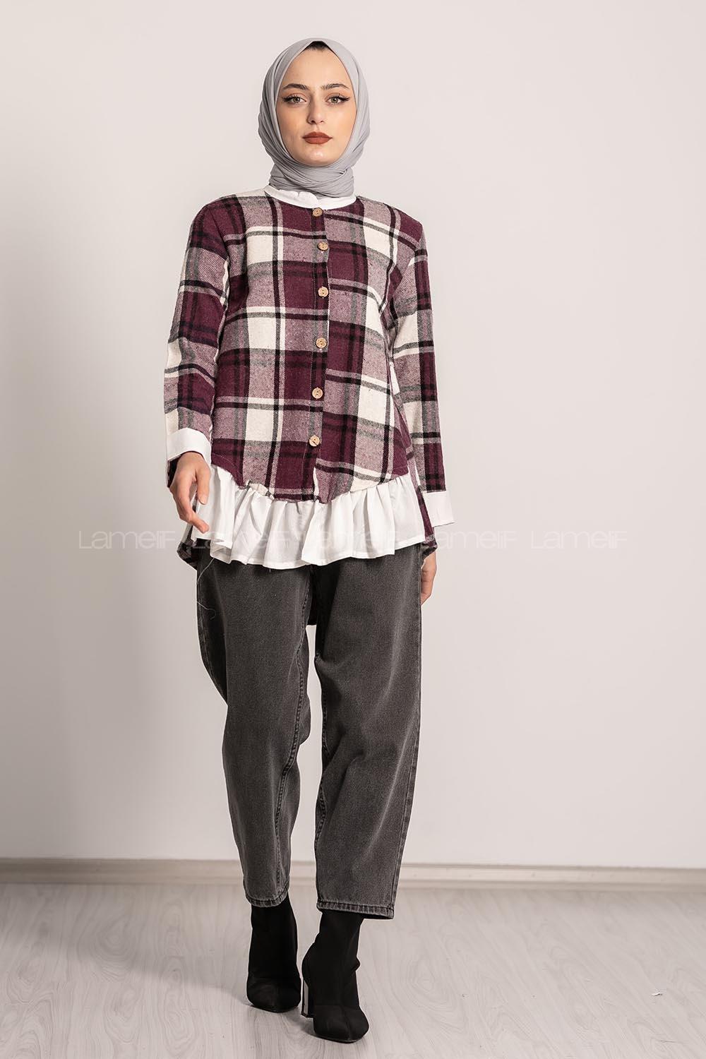 Modalamelif Ekose Desenli Hakim Yaka Fırfırlı Gömlek Mor