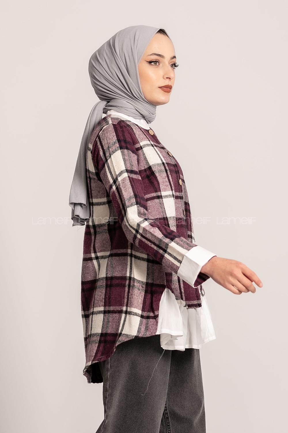 Modalamelif Ekose Desenli Hakim Yaka Fırfırlı Gömlek Mor