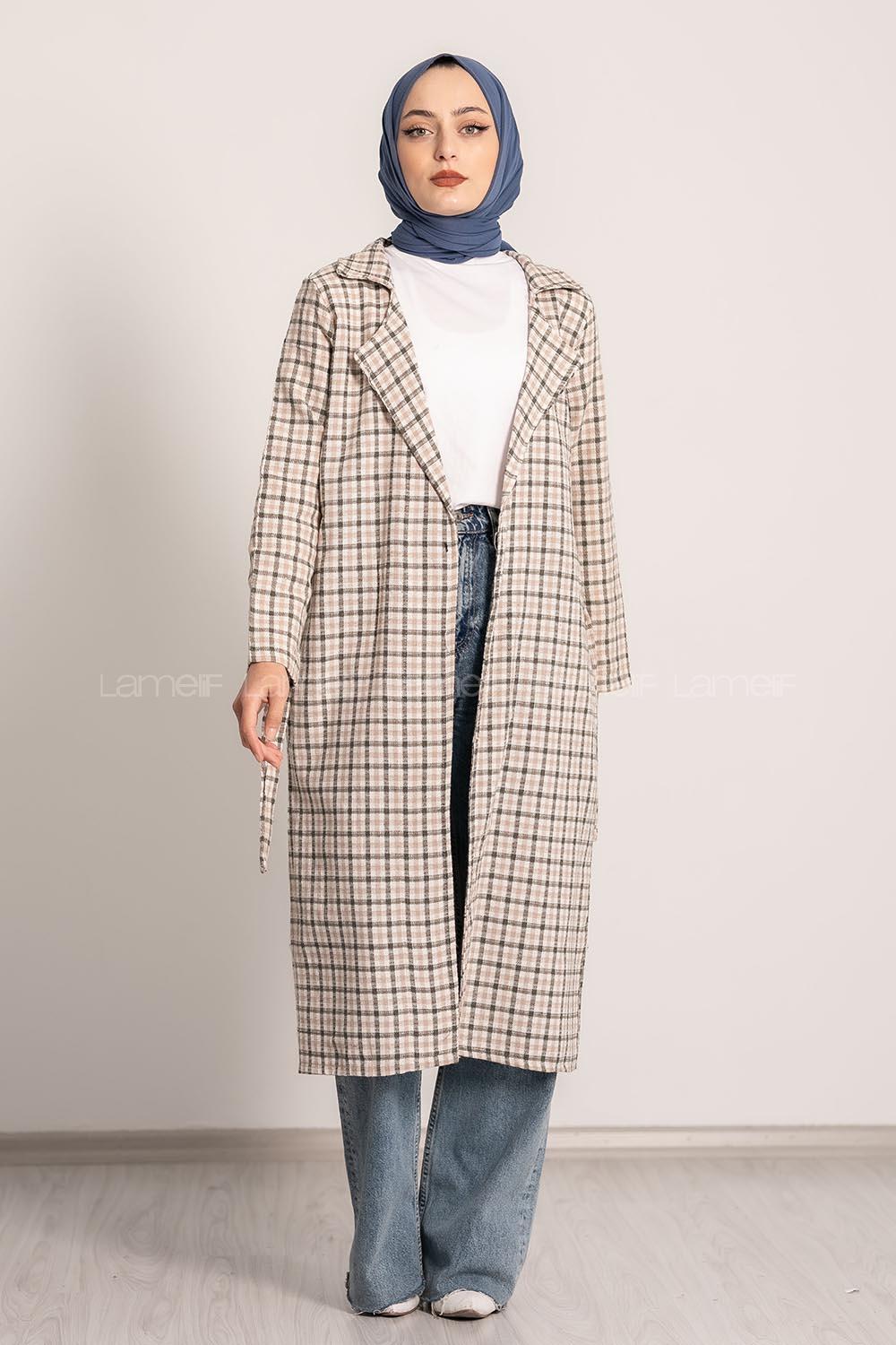 Modalamelif Ekose Desenli Kışak Bağlamalı Cep Detaylı Hırka Haki-Bej