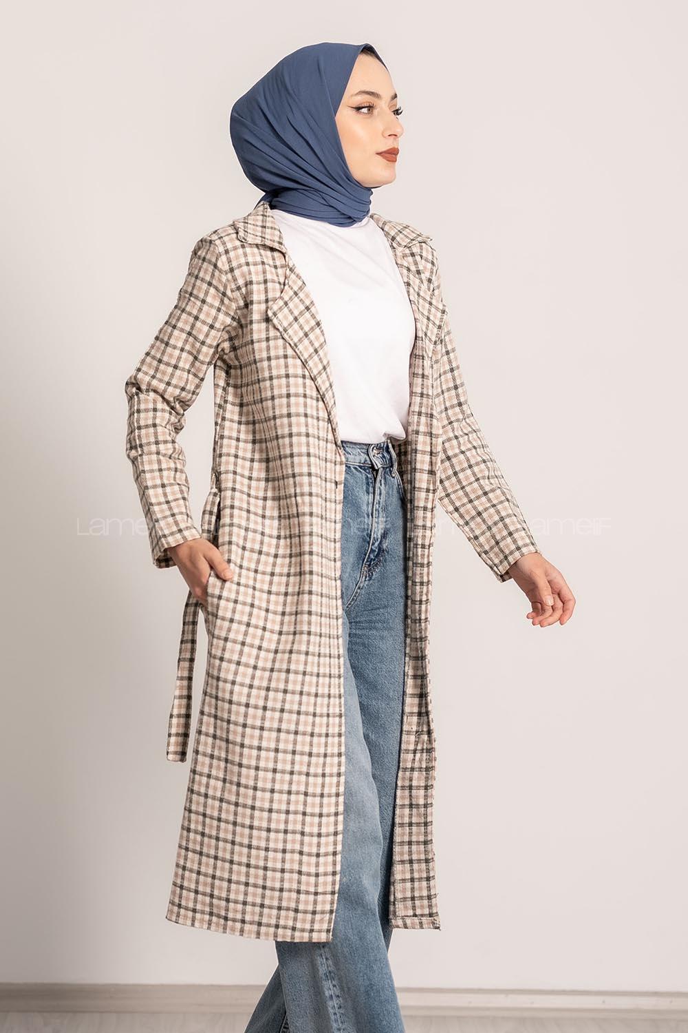 Modalamelif Ekose Desenli Kışak Bağlamalı Cep Detaylı Hırka Haki-Bej