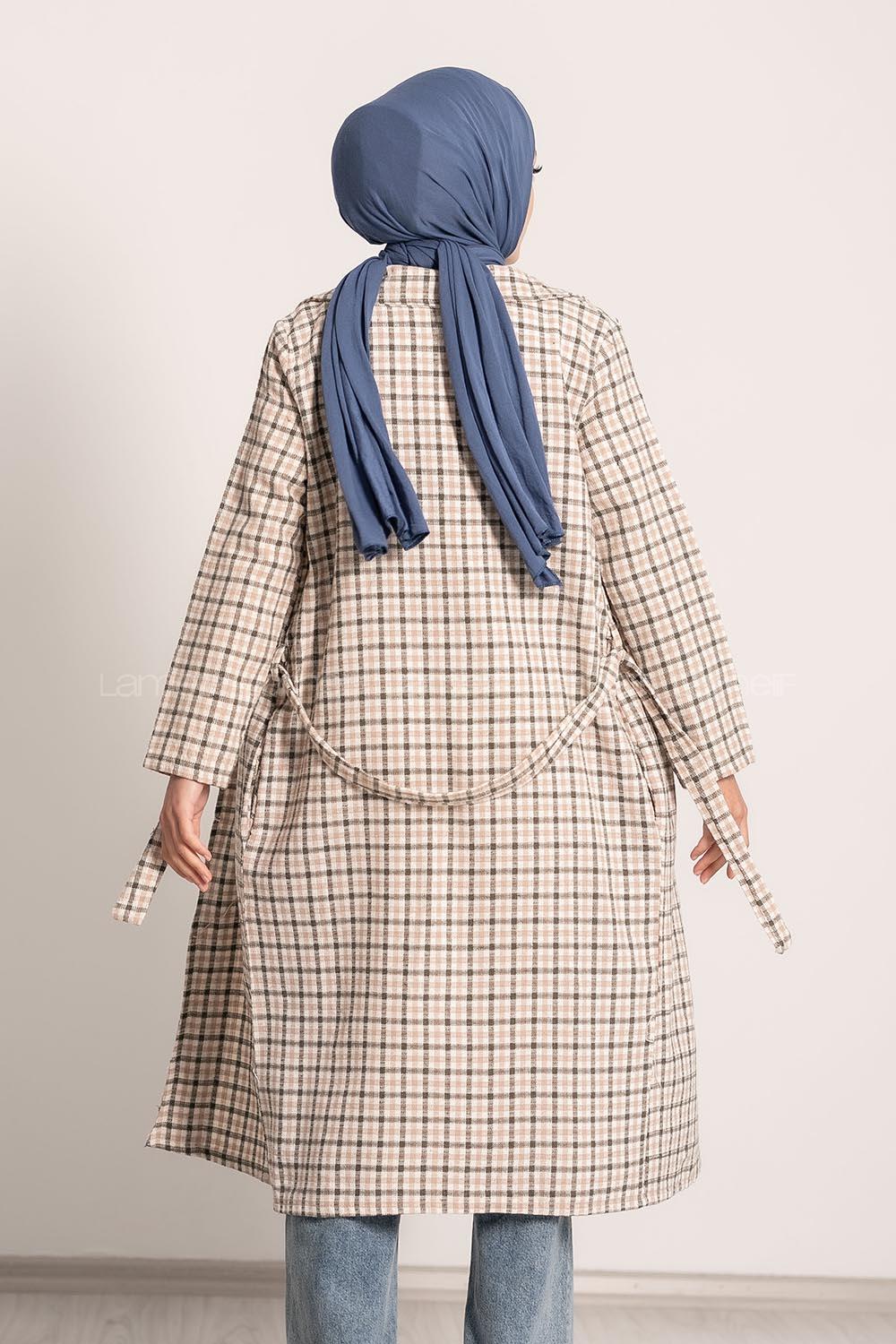 Modalamelif Ekose Desenli Kışak Bağlamalı Cep Detaylı Hırka Haki-Bej