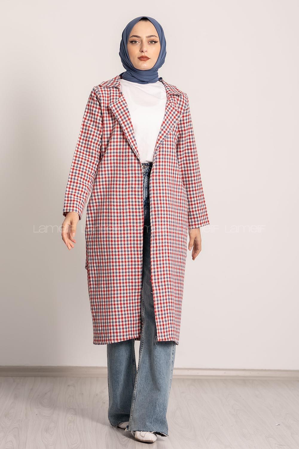 Modalamelif Ekose Desenli Kışak Bağlamalı Cep Detaylı Hırka Kırmızı