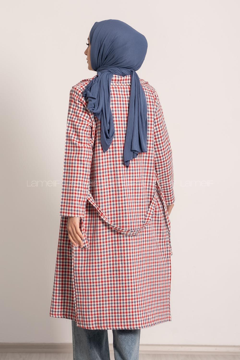 Modalamelif Ekose Desenli Kışak Bağlamalı Cep Detaylı Hırka Kırmızı