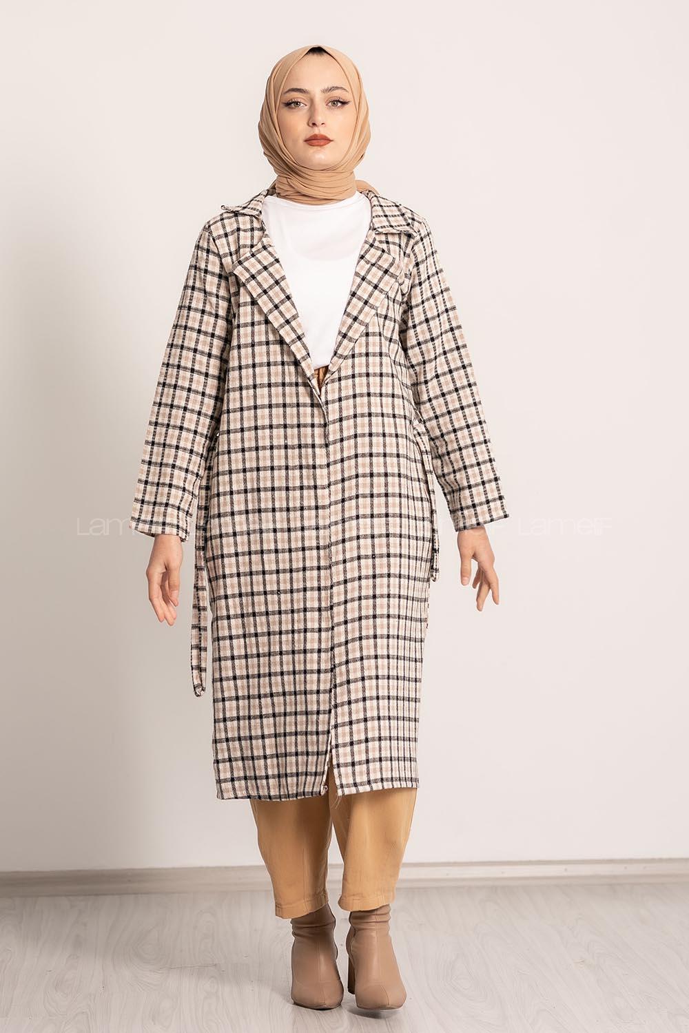 Modalamelif Ekose Desenli Kışak Bağlamalı Cep Detaylı Hırka Siyah-Bej