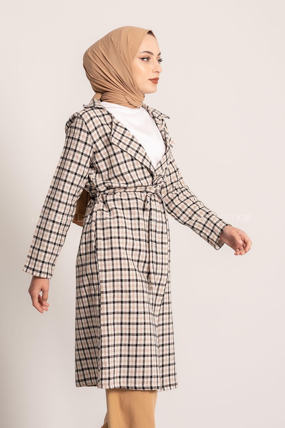 Modalamelif Ekose Desenli Kışak Bağlamalı Cep Detaylı Hırka Siyah-Bej