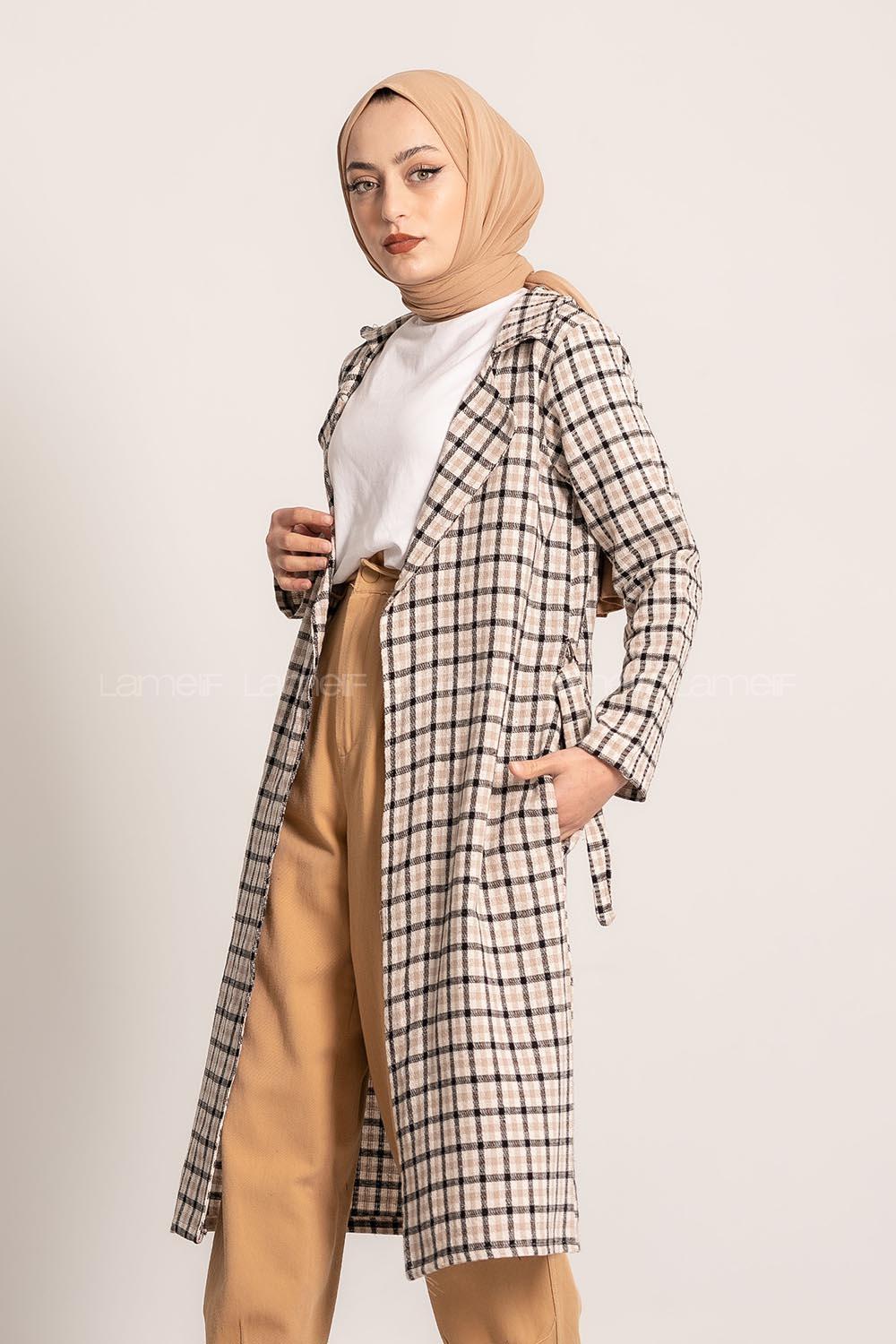 Modalamelif Ekose Desenli Kışak Bağlamalı Cep Detaylı Hırka Siyah-Bej