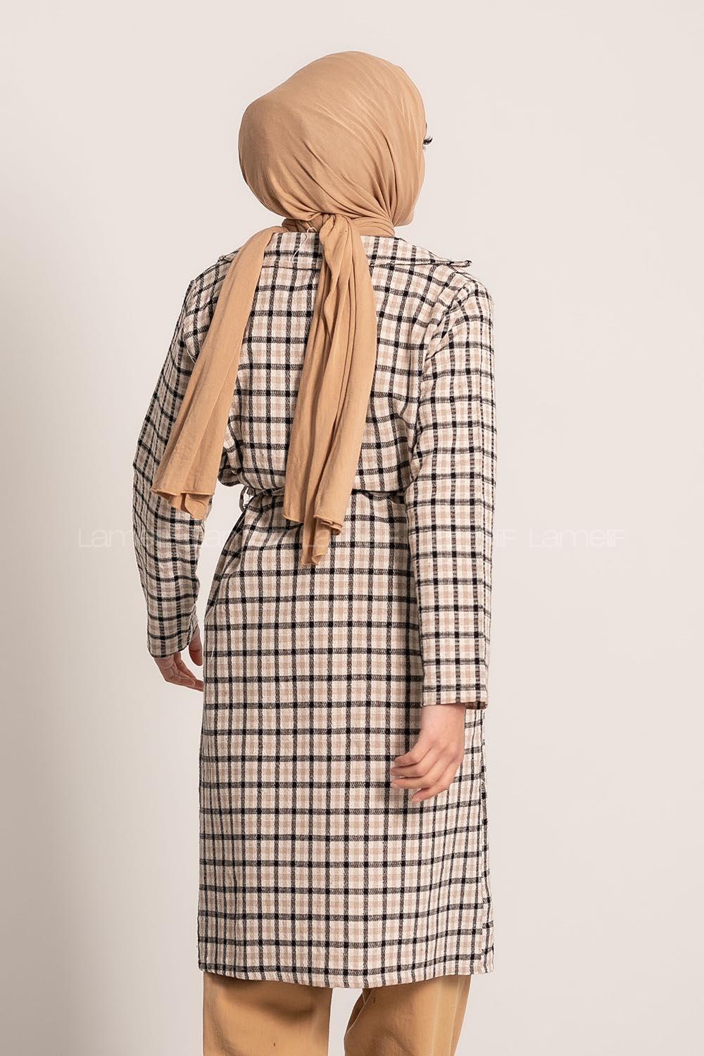 Modalamelif Ekose Desenli Kışak Bağlamalı Cep Detaylı Hırka Siyah-Bej