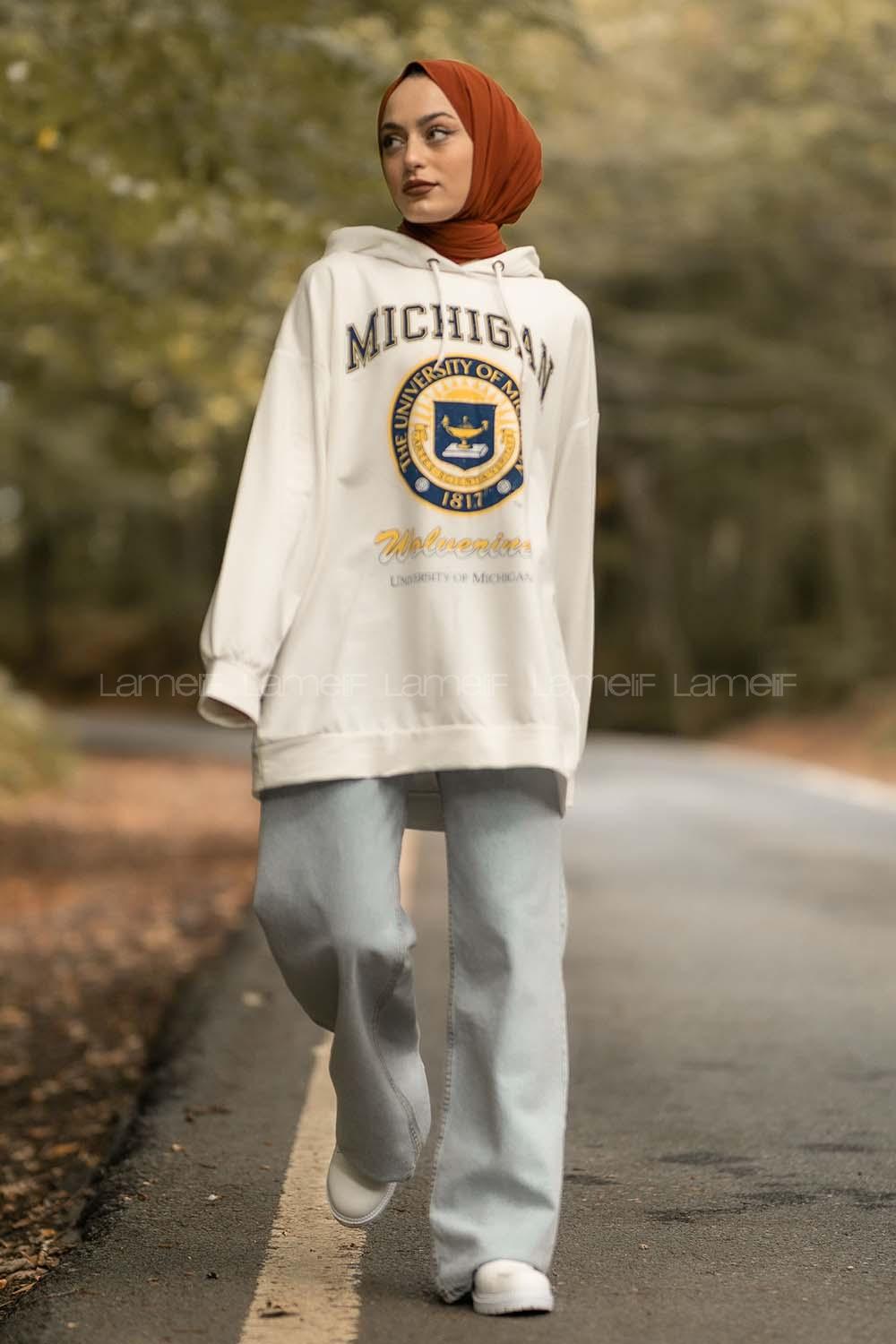 Modalamelif Mıchıgan Yazı Baskılı Kapüşonlu Sweat Beyaz