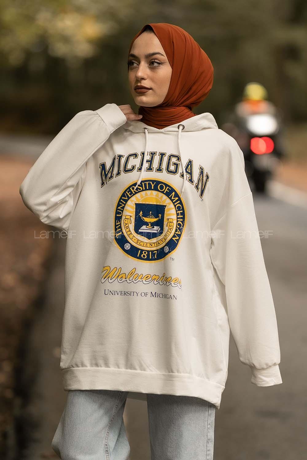 Modalamelif Mıchıgan Yazı Baskılı Kapüşonlu Sweat Beyaz