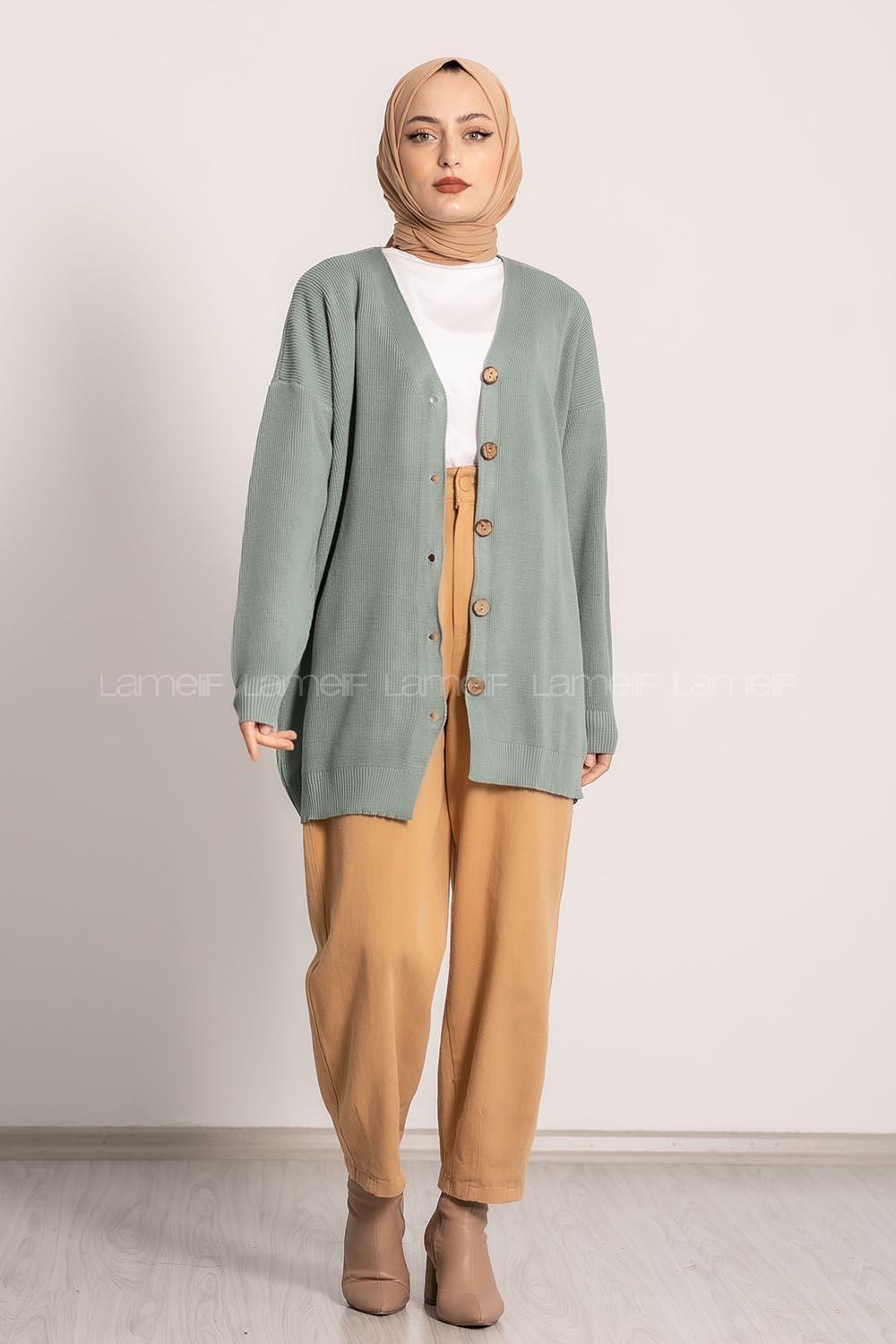 Modalamelif Önü Düğme Detaylı Düz Hırka Çağla Yeşili