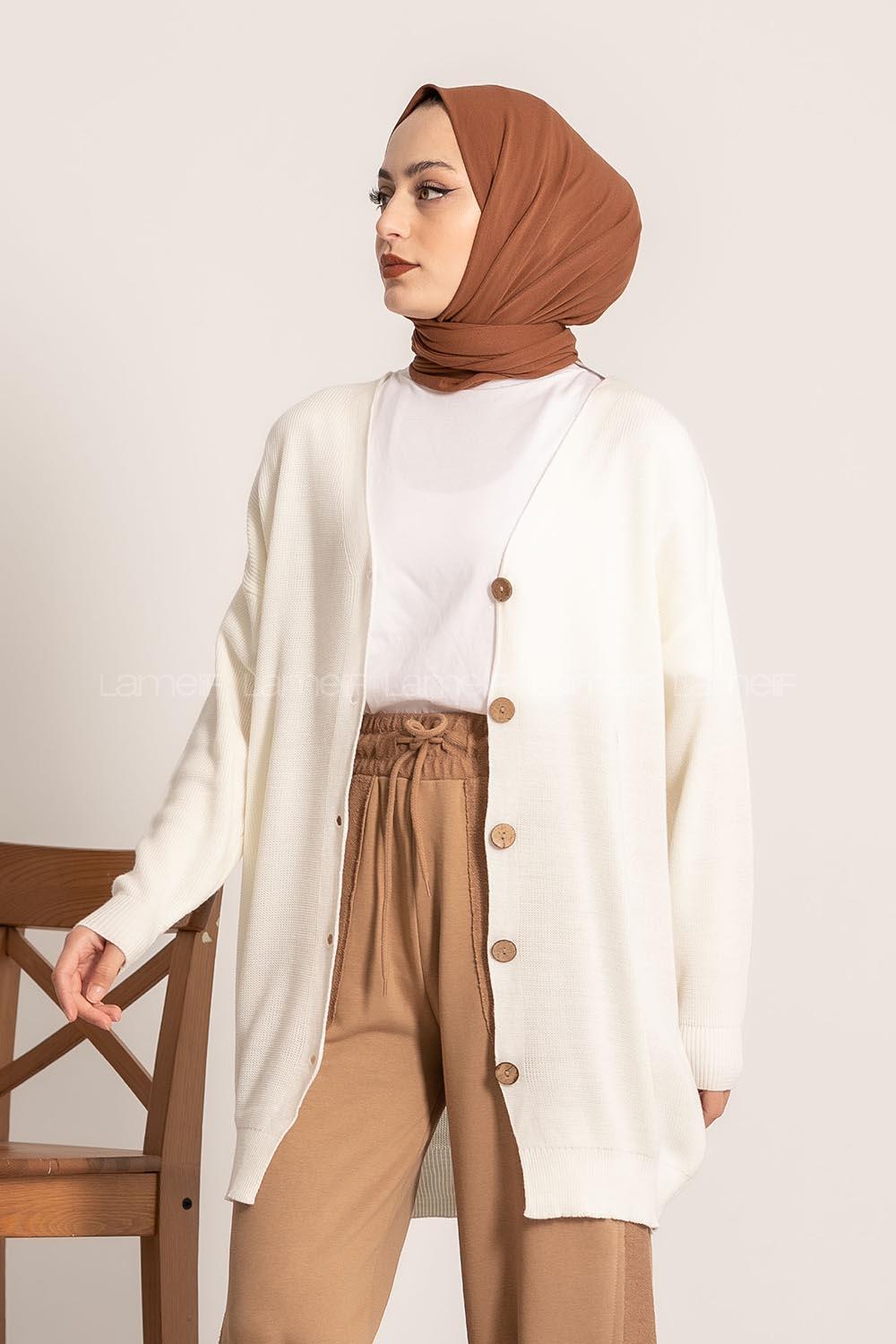 Modalamelif Önü Düğme Detaylı Düz Hırka Ekru