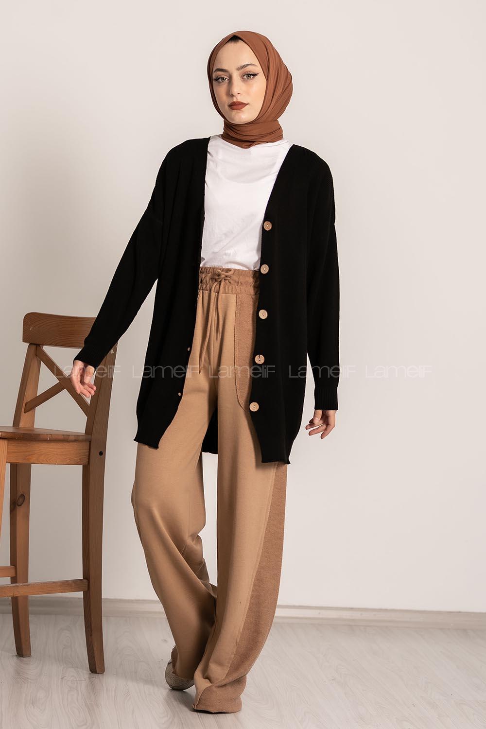 Modalamelif Önü Düğme Detaylı Düz Hırka Siyah