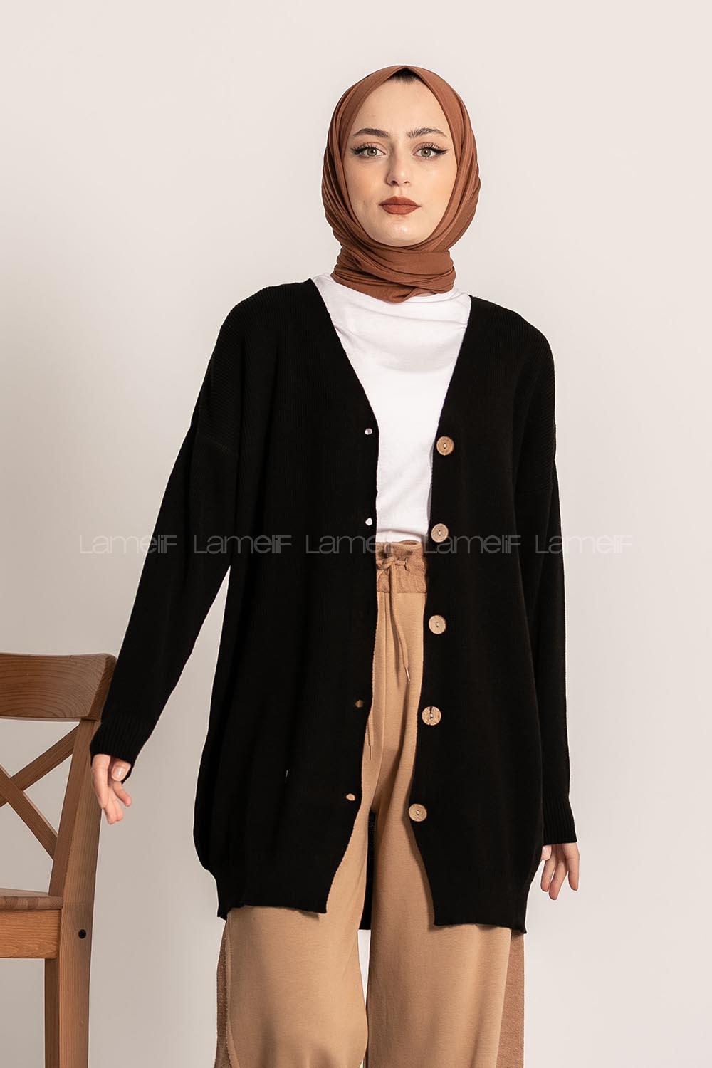 Modalamelif Önü Düğme Detaylı Düz Hırka Siyah