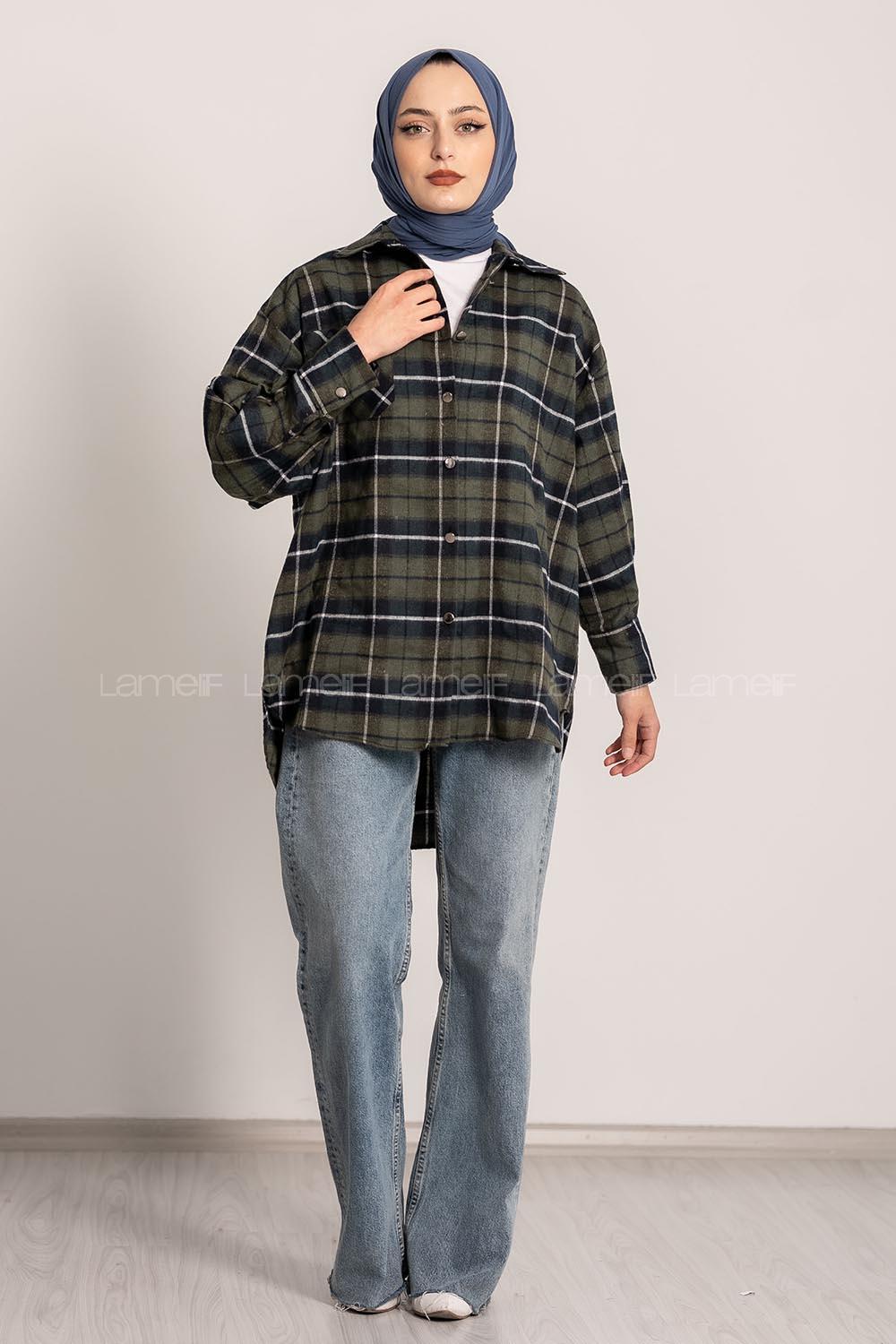 Modalamelif  Önü Düğme Detaylı Tek Cepli Ekose Gömlek Haki