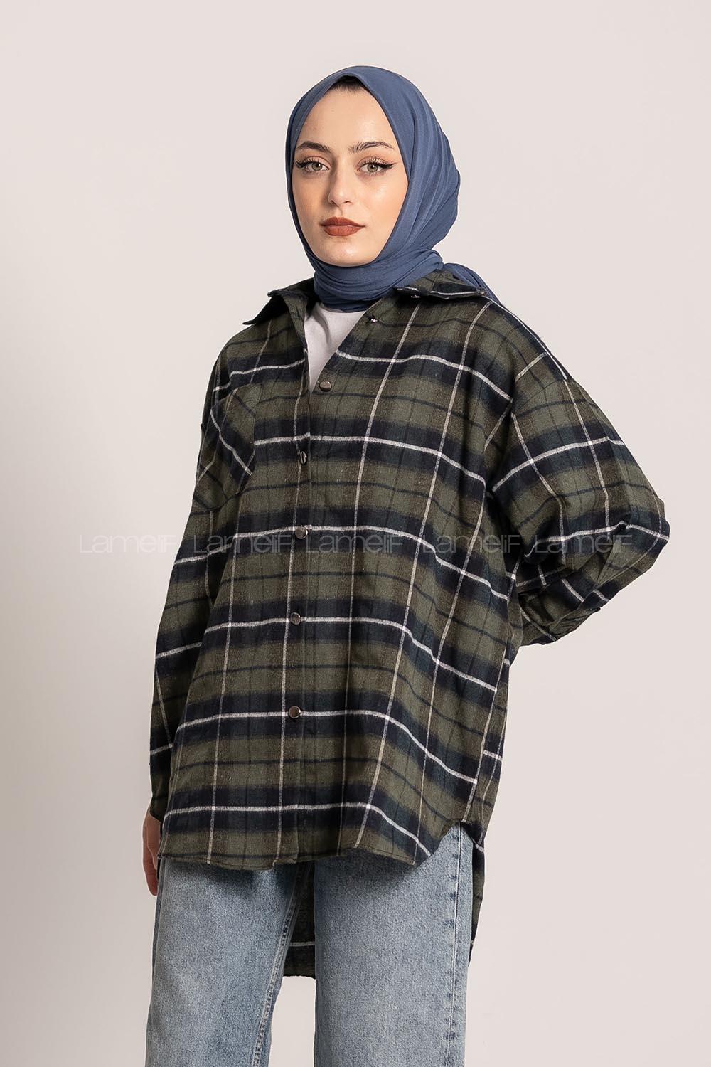 Modalamelif  Önü Düğme Detaylı Tek Cepli Ekose Gömlek Haki