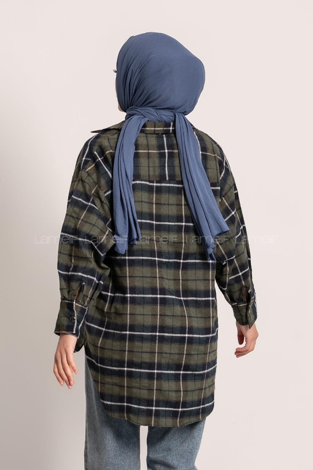 Modalamelif  Önü Düğme Detaylı Tek Cepli Ekose Gömlek Haki