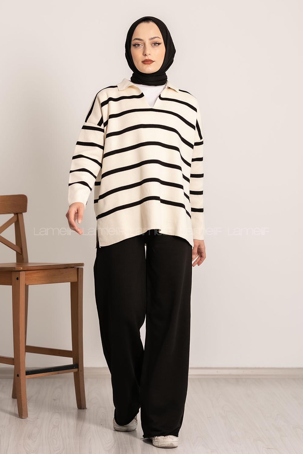 Modalamelif Polo Yaka Yırtmaç Detaylı Çizgi Desenli Kazak Ekru-Siyah
