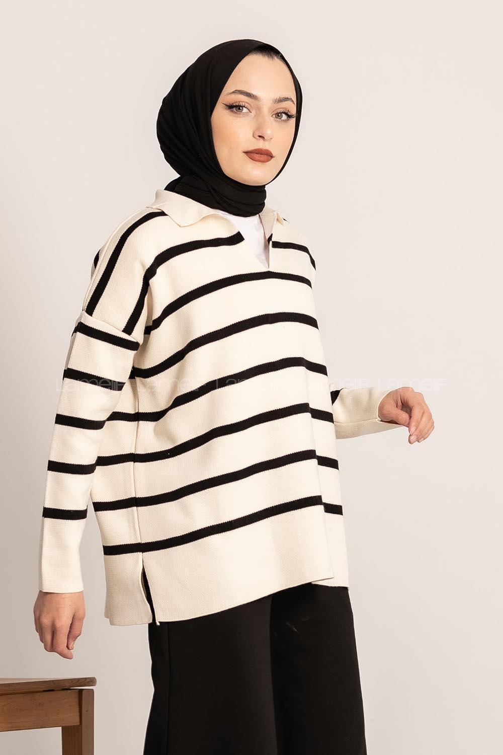 Modalamelif Polo Yaka Yırtmaç Detaylı Çizgi Desenli Kazak Ekru-Siyah