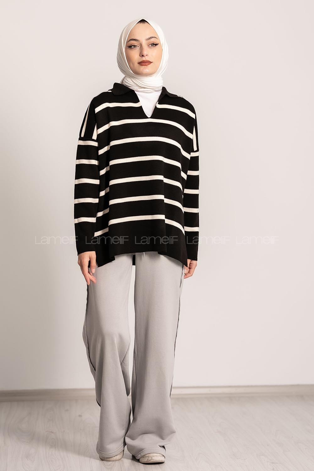 Modalamelif Polo Yaka Yırtmaç Detaylı Çizgi Desenli Kazak Siyah