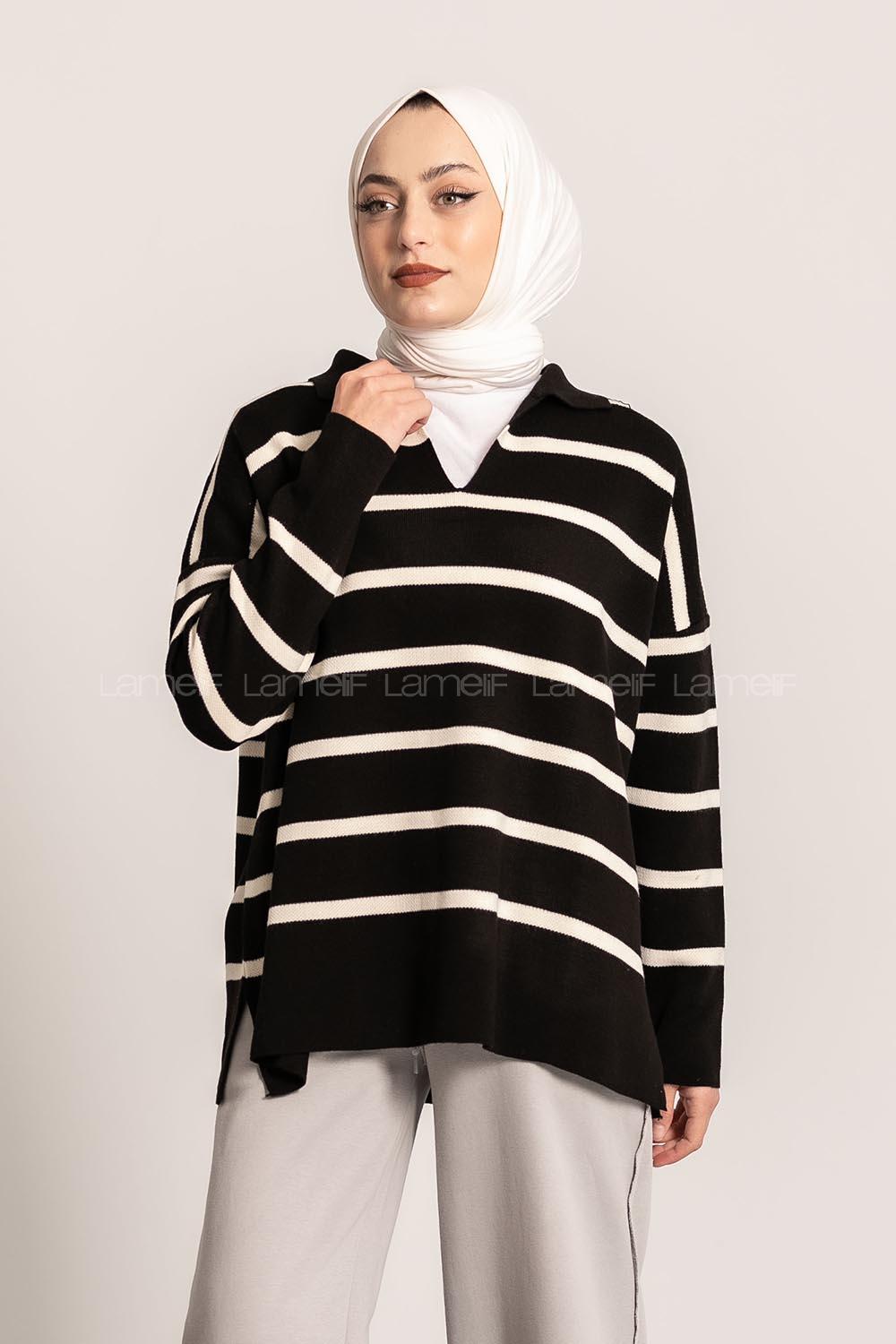 Modalamelif Polo Yaka Yırtmaç Detaylı Çizgi Desenli Kazak Siyah