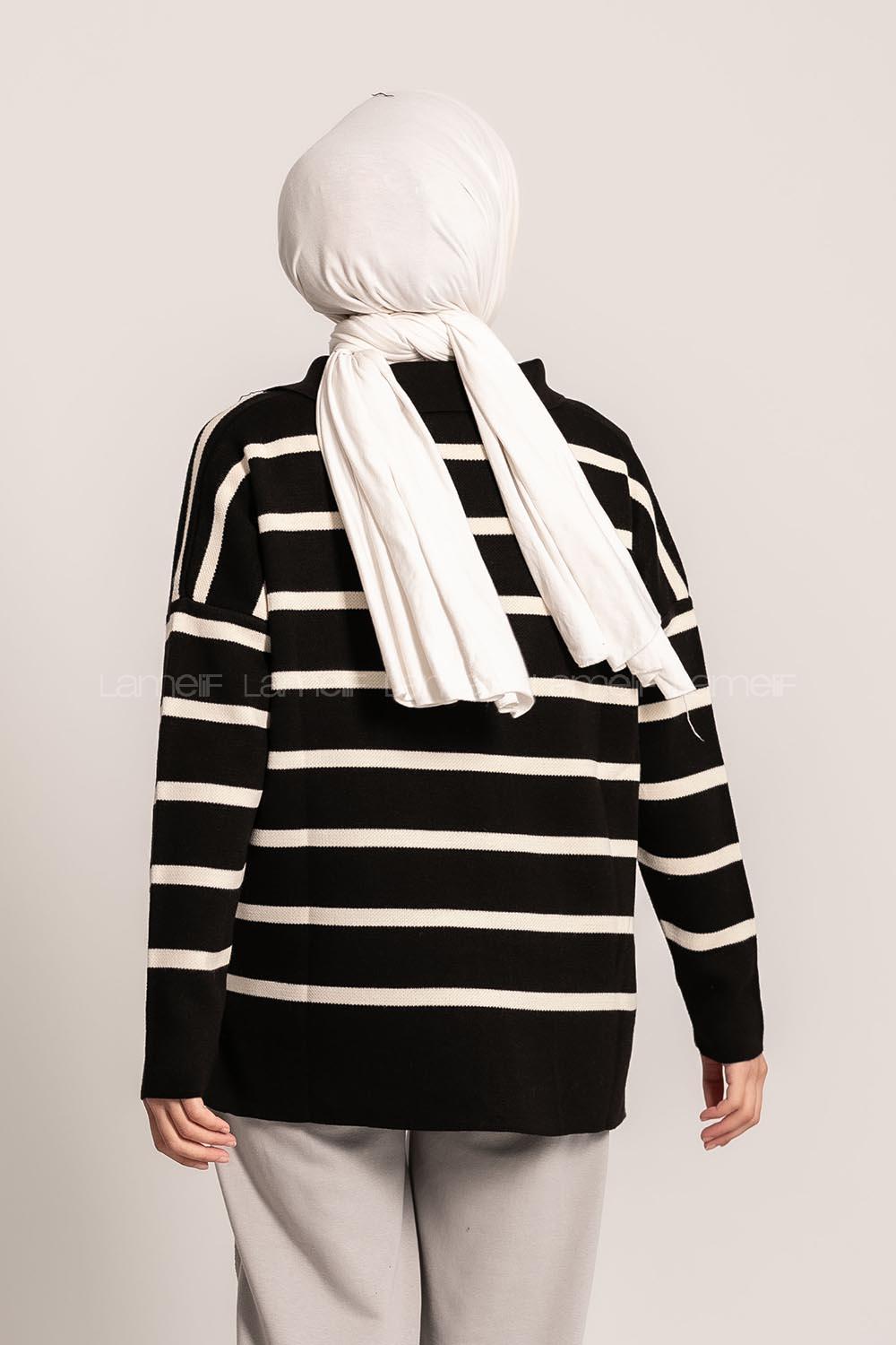 Modalamelif Polo Yaka Yırtmaç Detaylı Çizgi Desenli Kazak Siyah