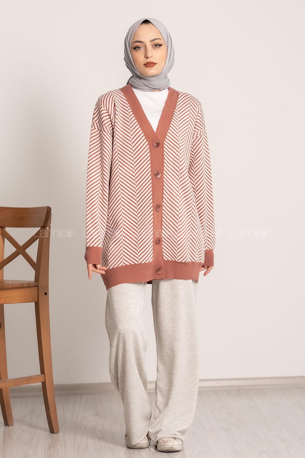 Modalamelif V Yaka Önü Düğmeli Şerit Desenli Hırka Gül