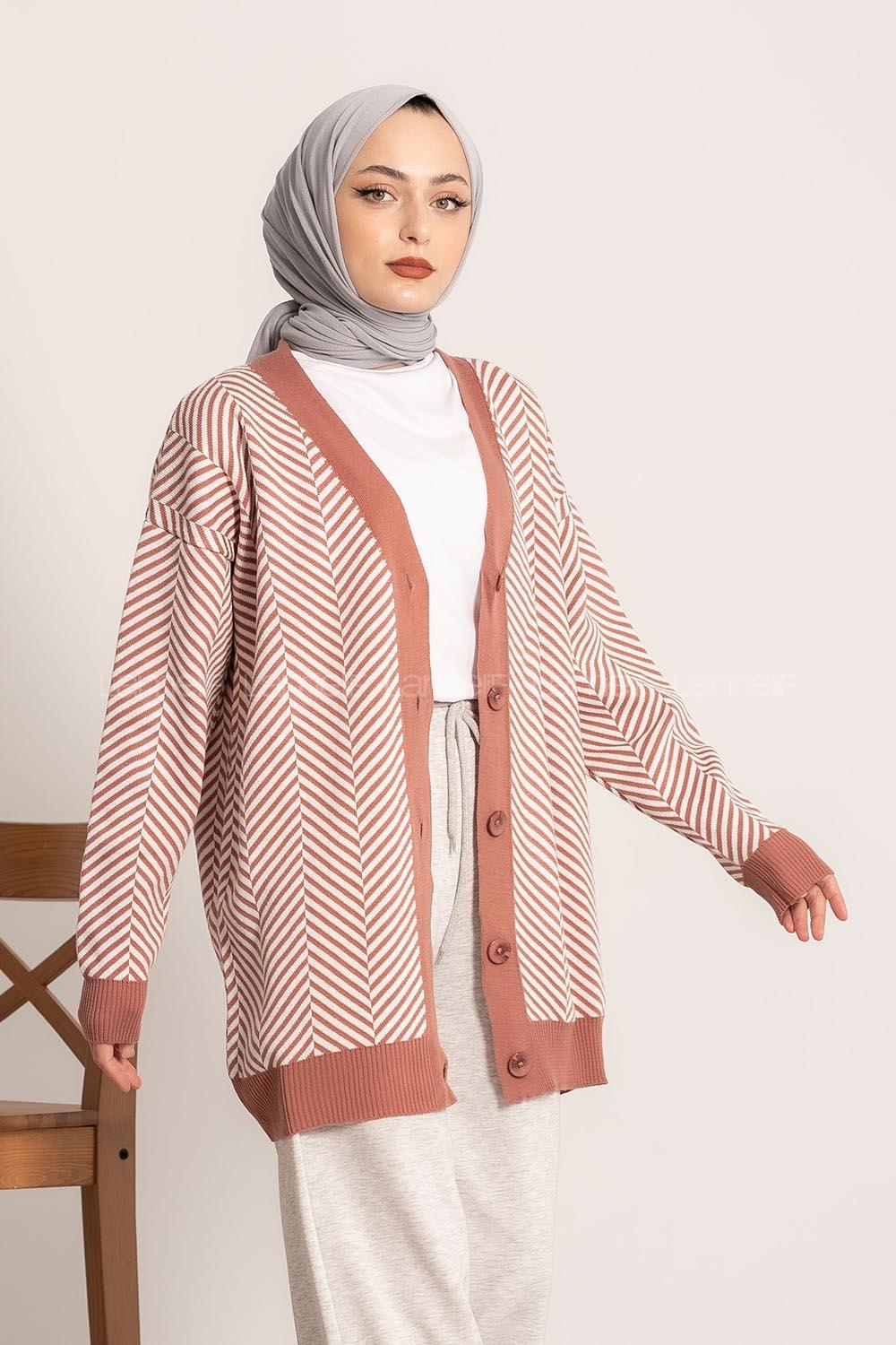 Modalamelif V Yaka Önü Düğmeli Şerit Desenli Hırka Gül