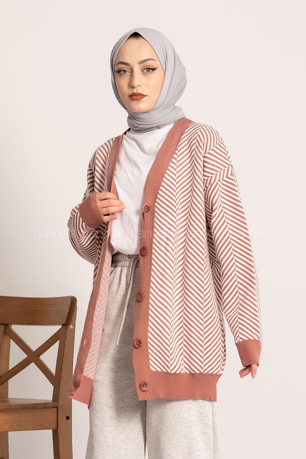 Modalamelif V Yaka Önü Düğmeli Şerit Desenli Hırka Gül