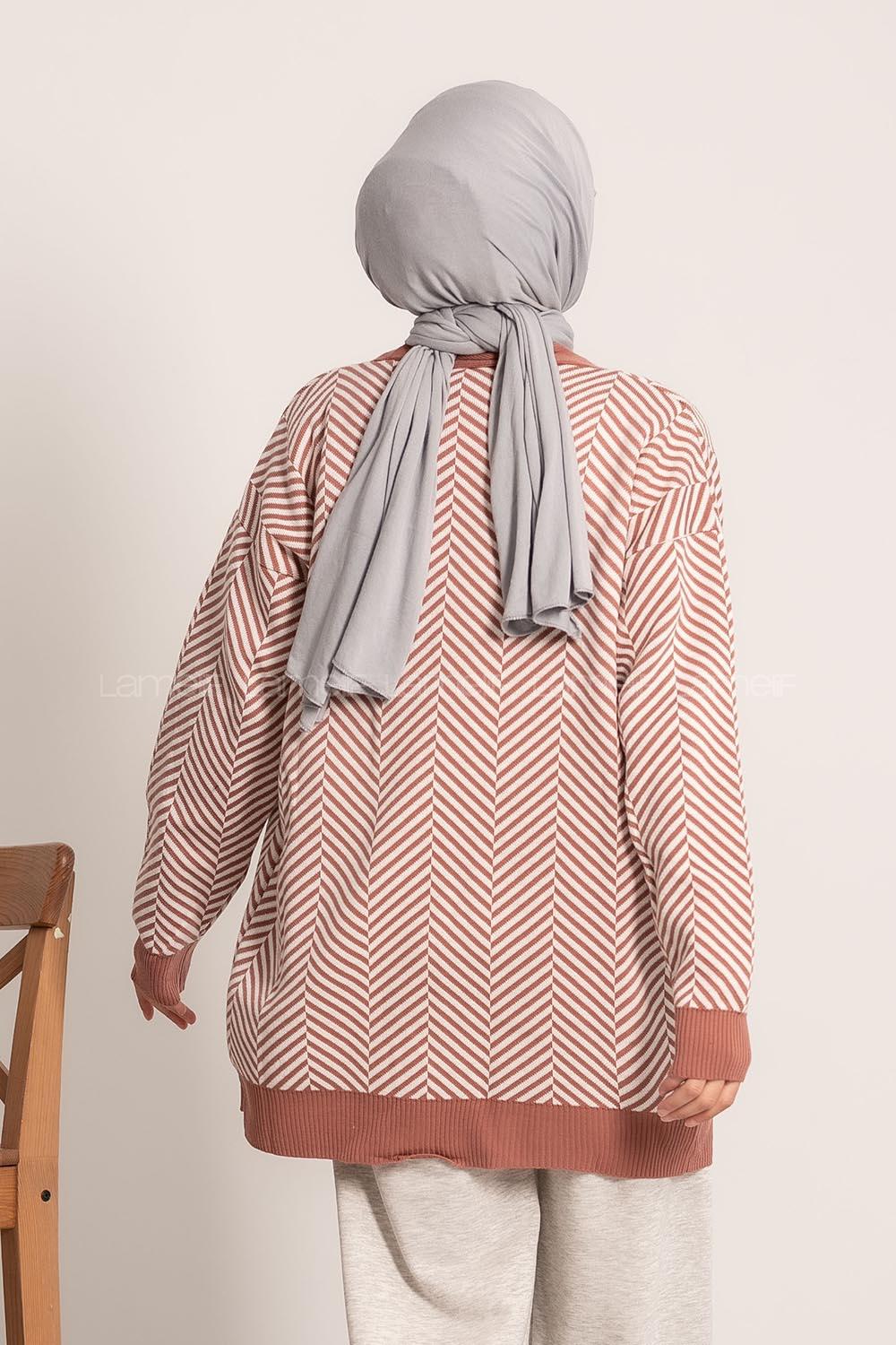 Modalamelif V Yaka Önü Düğmeli Şerit Desenli Hırka Gül