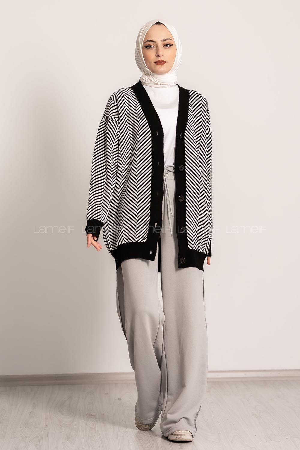 Modalamelif V Yaka Önü Düğmeli Şerit Desenli Hırka Siyah