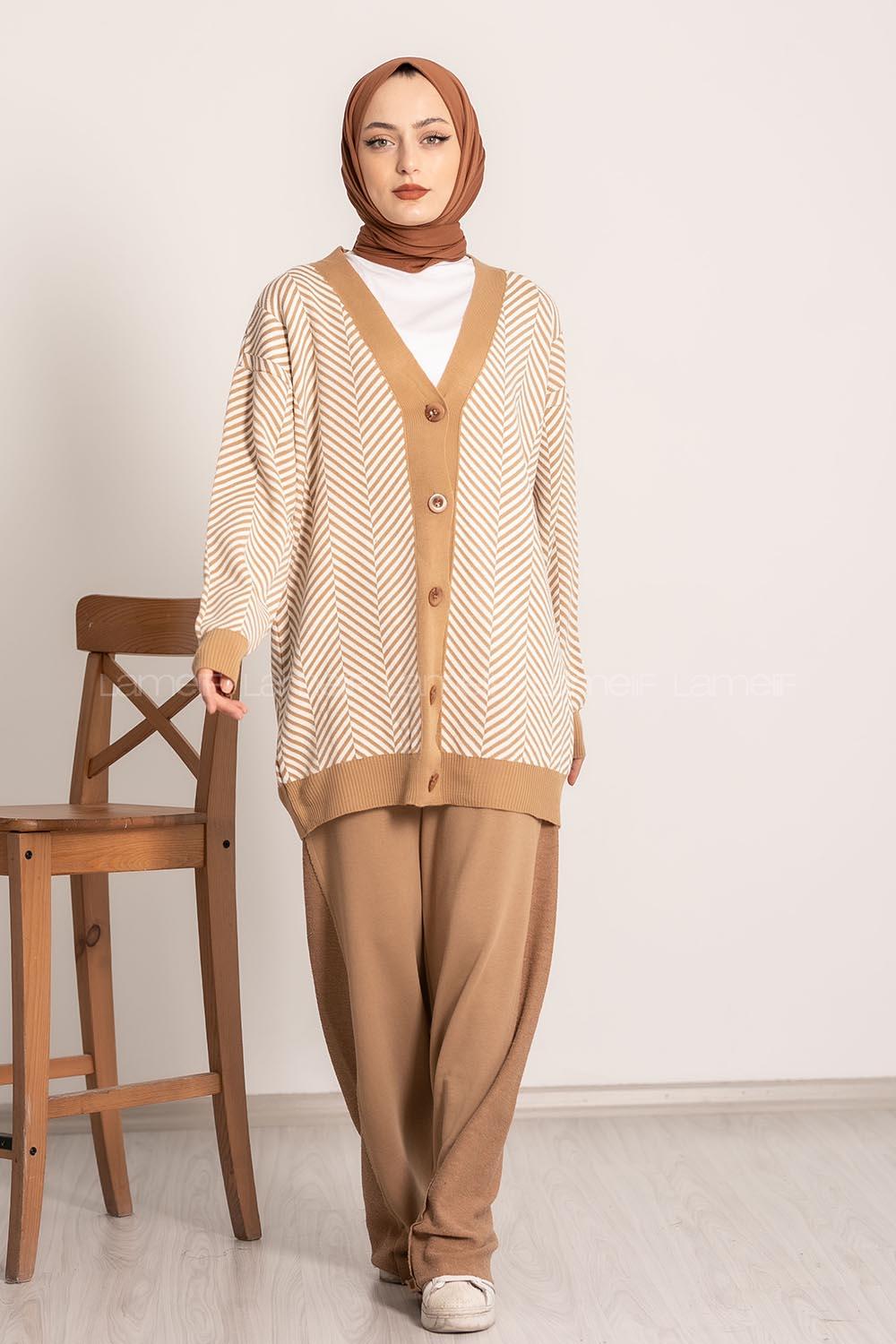 Modalamelif V Yaka Önü Düğmeli Şerit Desenli Hırka Sütlükahve