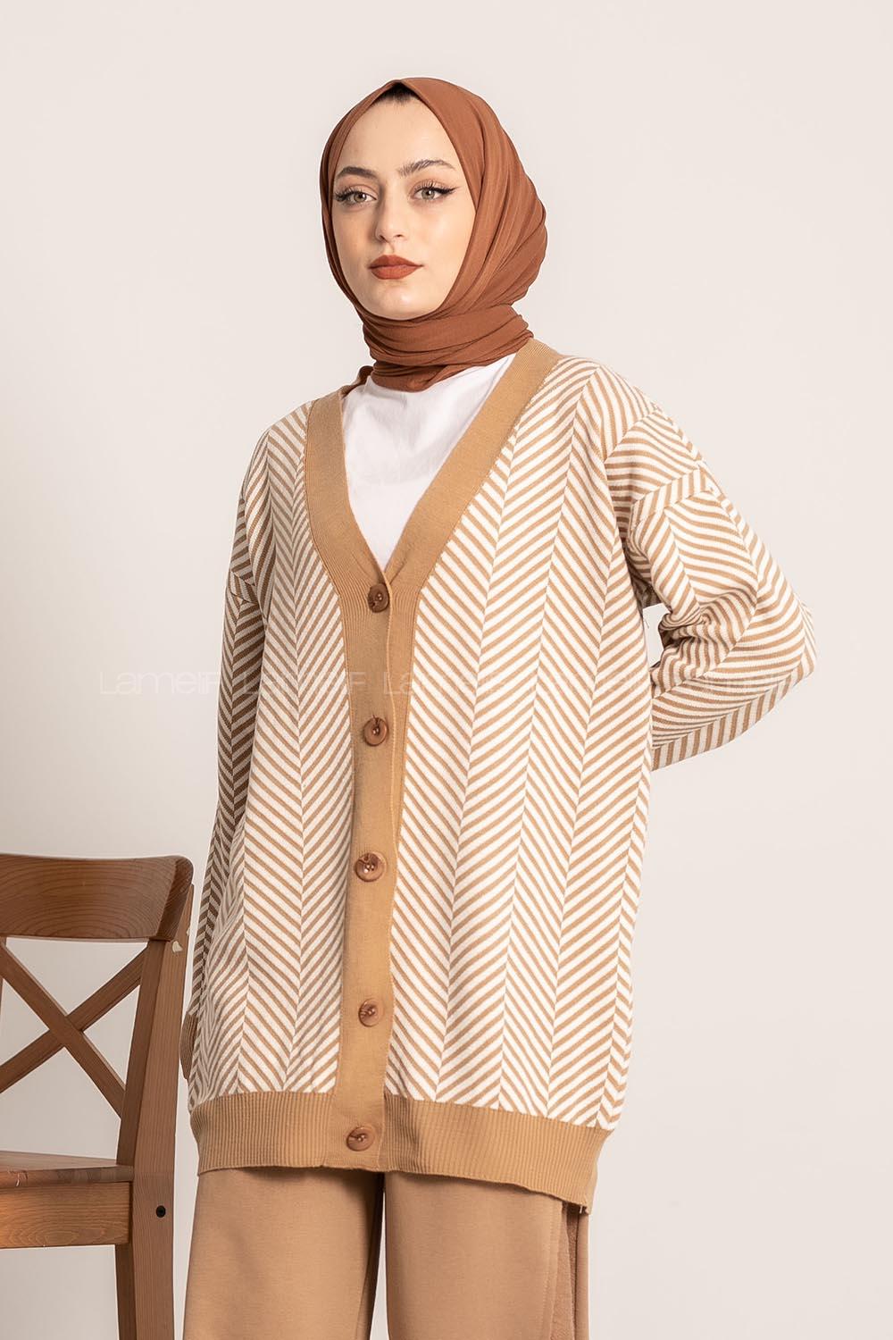 Modalamelif V Yaka Önü Düğmeli Şerit Desenli Hırka Sütlükahve