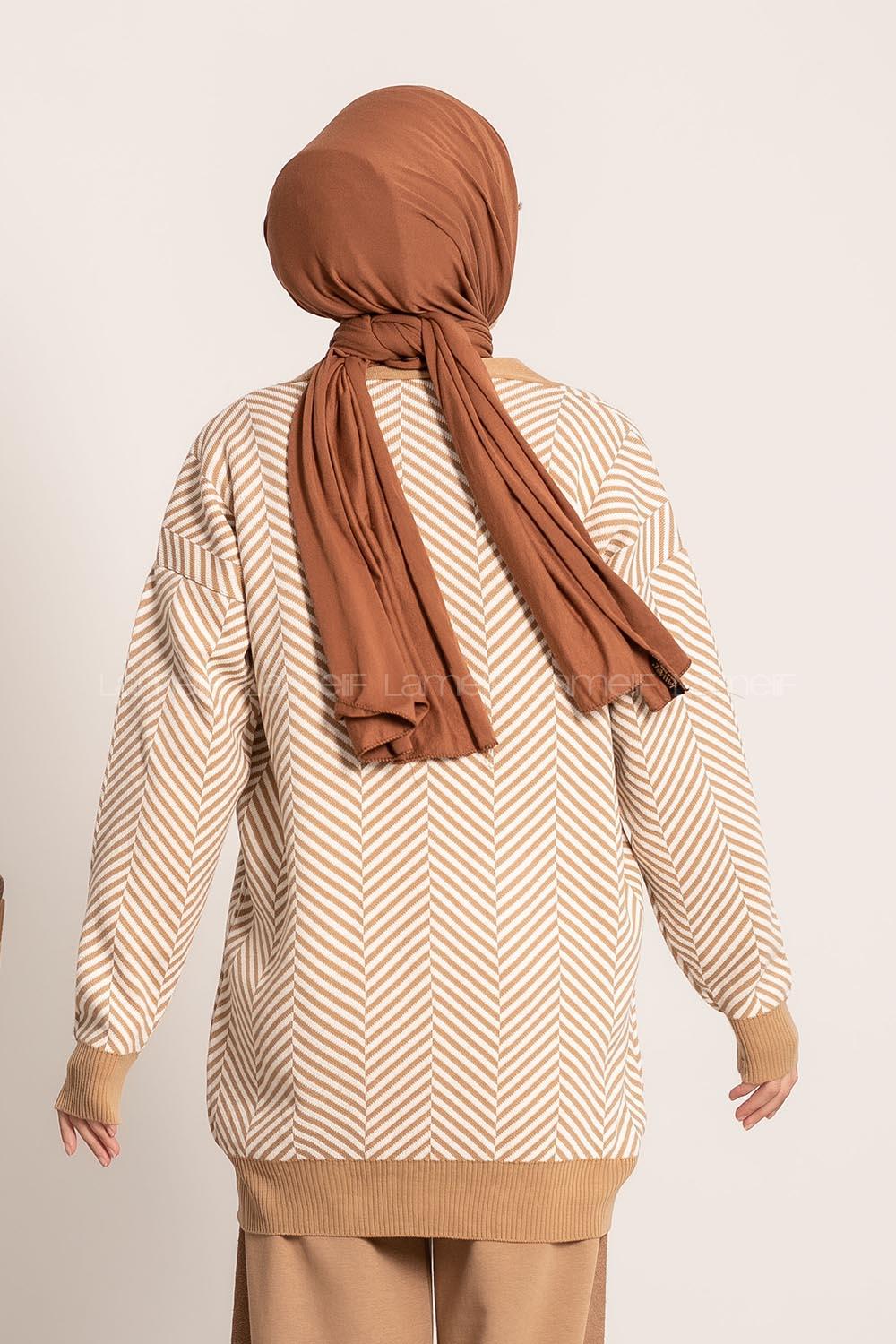 Modalamelif V Yaka Önü Düğmeli Şerit Desenli Hırka Sütlükahve