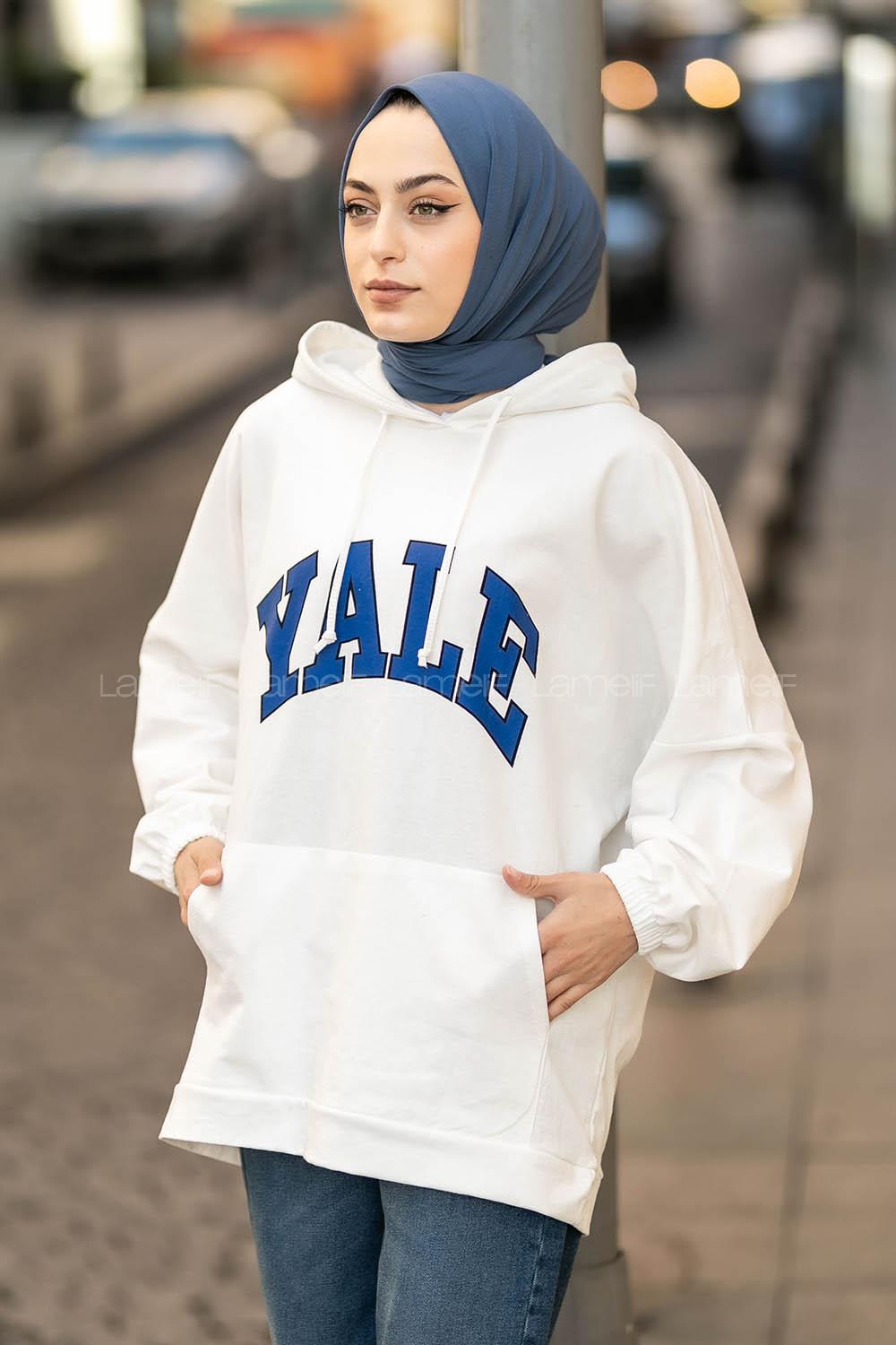 Modalamelif Yale Yazı Baskılı Kapüşon Detaylı Kanguru Cepli Sweat Ekru